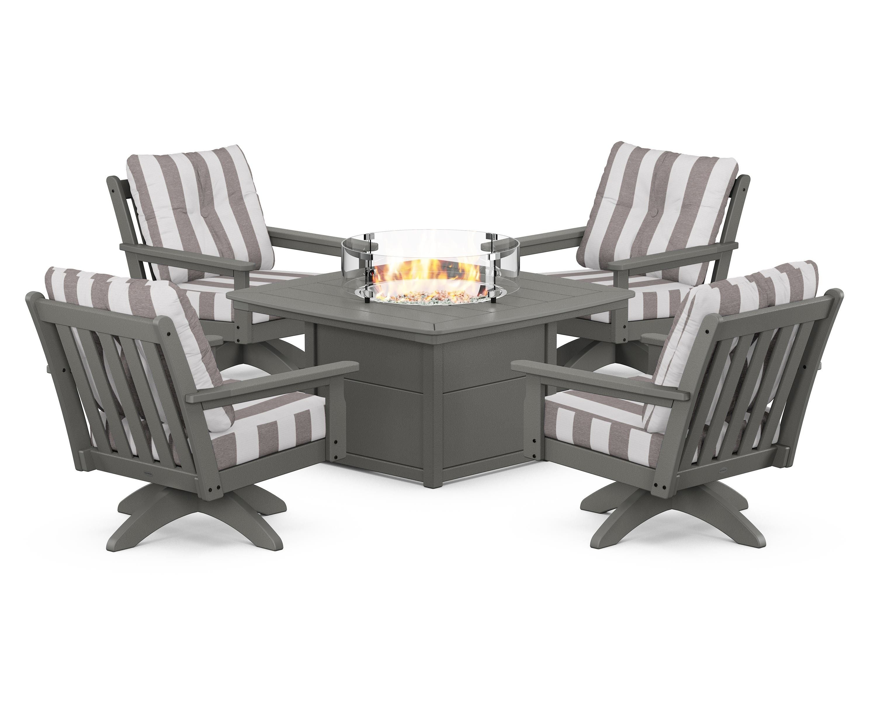 POLYWOOD® Vineyard 5-Piece Deep Seating Swivel Conversation Set with Fire Pit Table in Slate Grey / Cabana Stripe Grey Mist