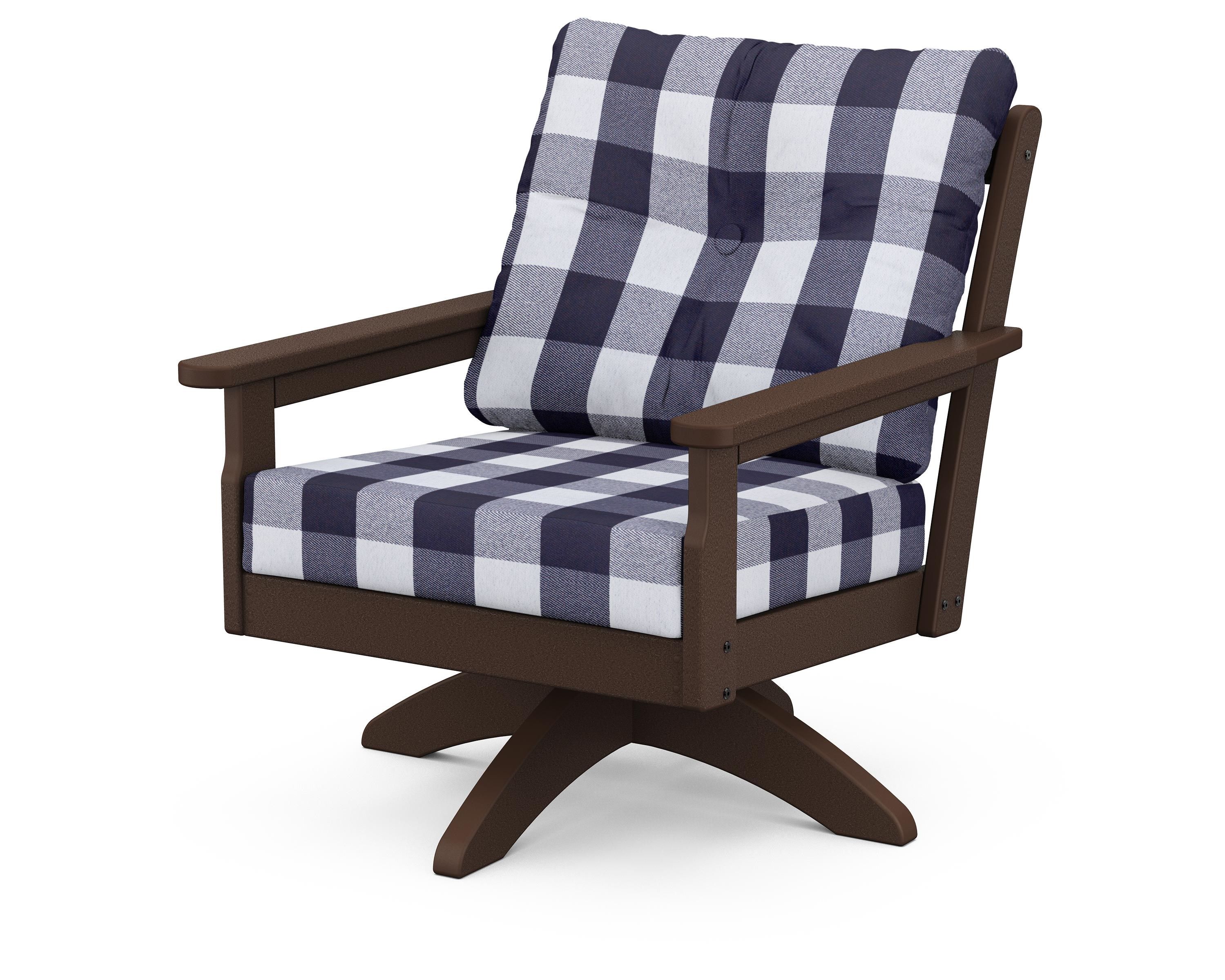 POLYWOOD® Vineyard Deep Seating Swivel Chair in Mahogany / Buffalo Plaid Navy