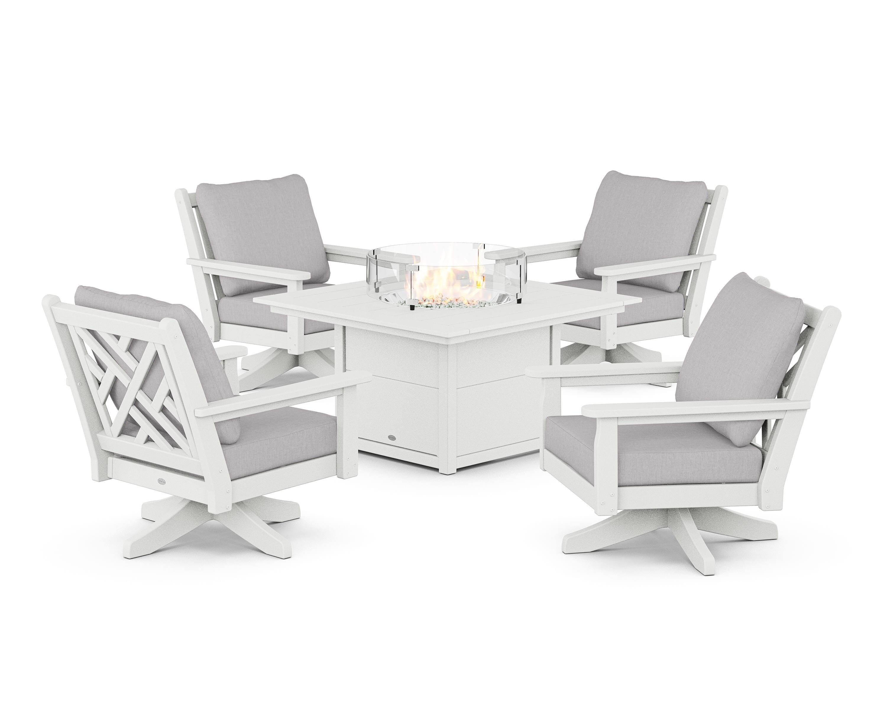 POLYWOOD® Chippendale 5-Piece Deep Seating Swivel Conversation Set with Fire Pit Table in White / Granite