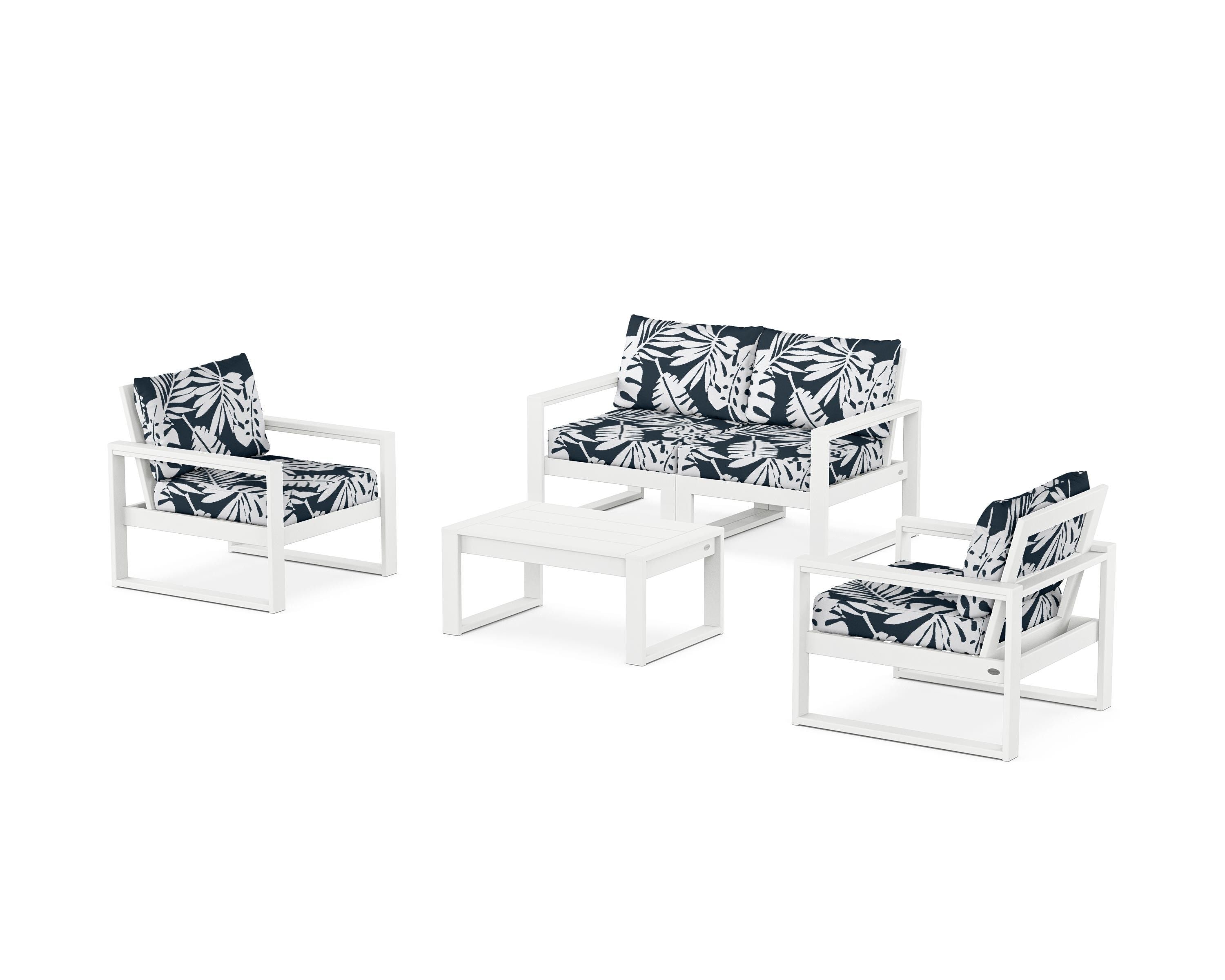POLYWOOD® EDGE Sectional 4-Piece Deep Seating Set with Loveseat in White / Leaf Marine Indigo