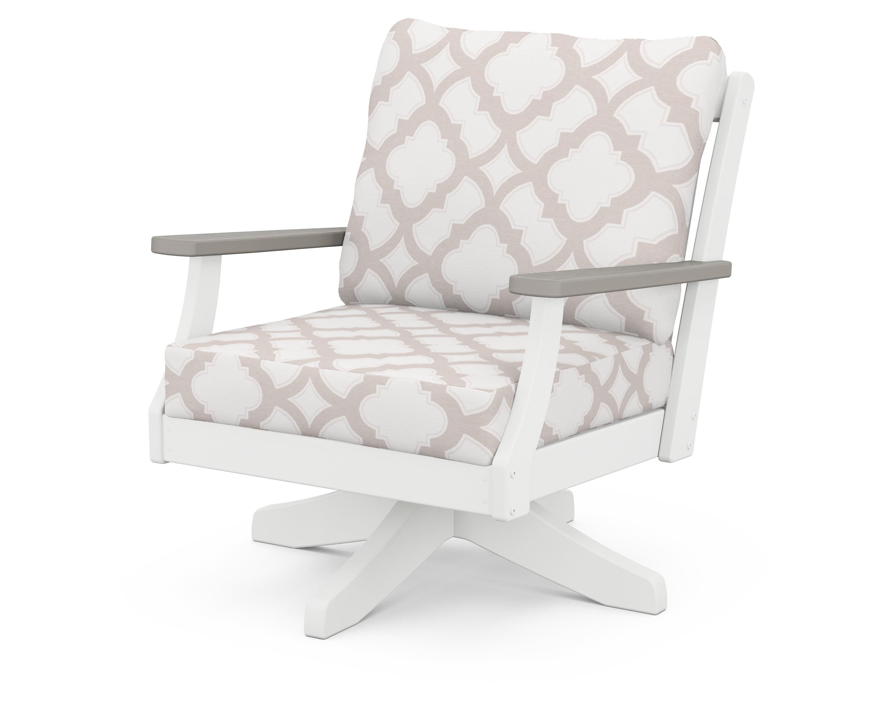 POLYWOOD® Braxton Deep Seating Swivel Chair in White / Driftwood / Trellis Dune Burlap