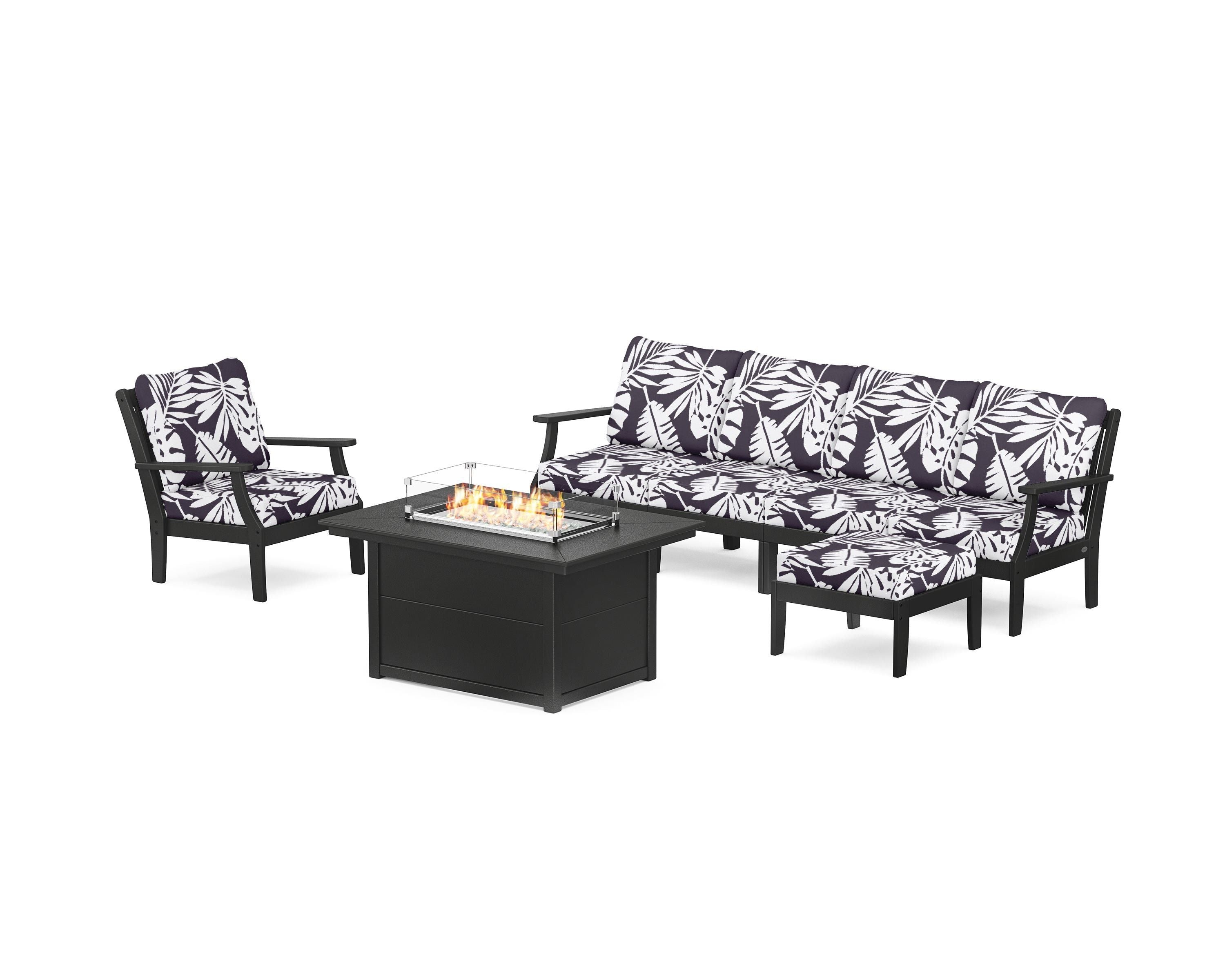 POLYWOOD® Braxton Sectional Lounge and Fire Pit Set in Black / Leaf Navy