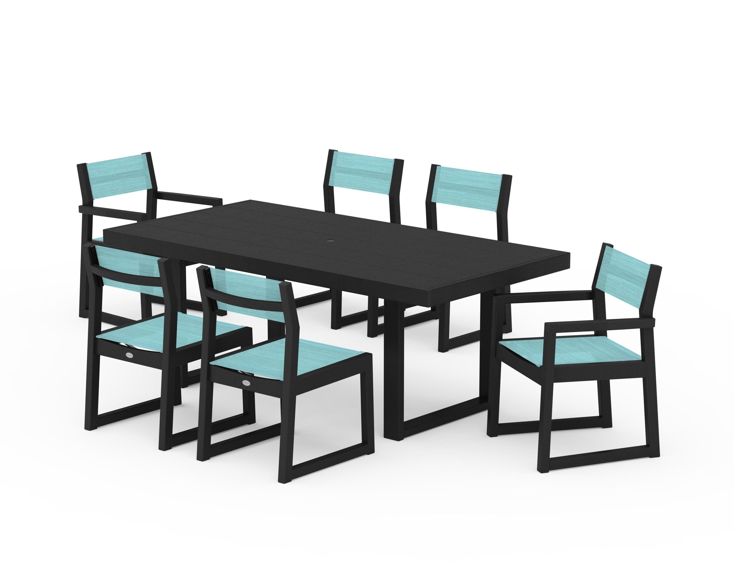 POLYWOOD® EDGE Sling 7-Piece Dining Set in Black / Dupioni Aquamarine Sling