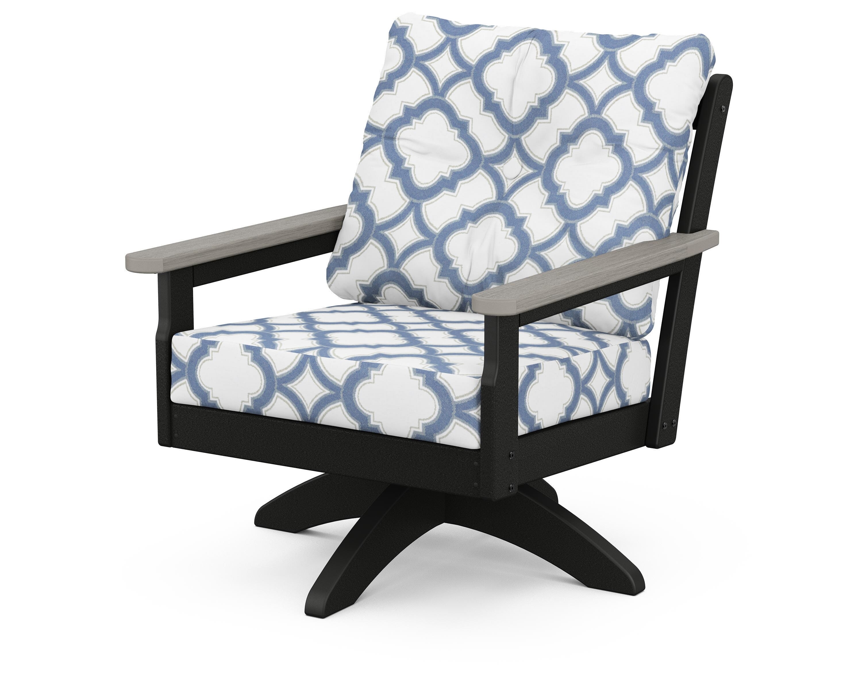 POLYWOOD® Vineyard Deep Seating Swivel Chair in Black / Driftwood / Trellis Sky Blue