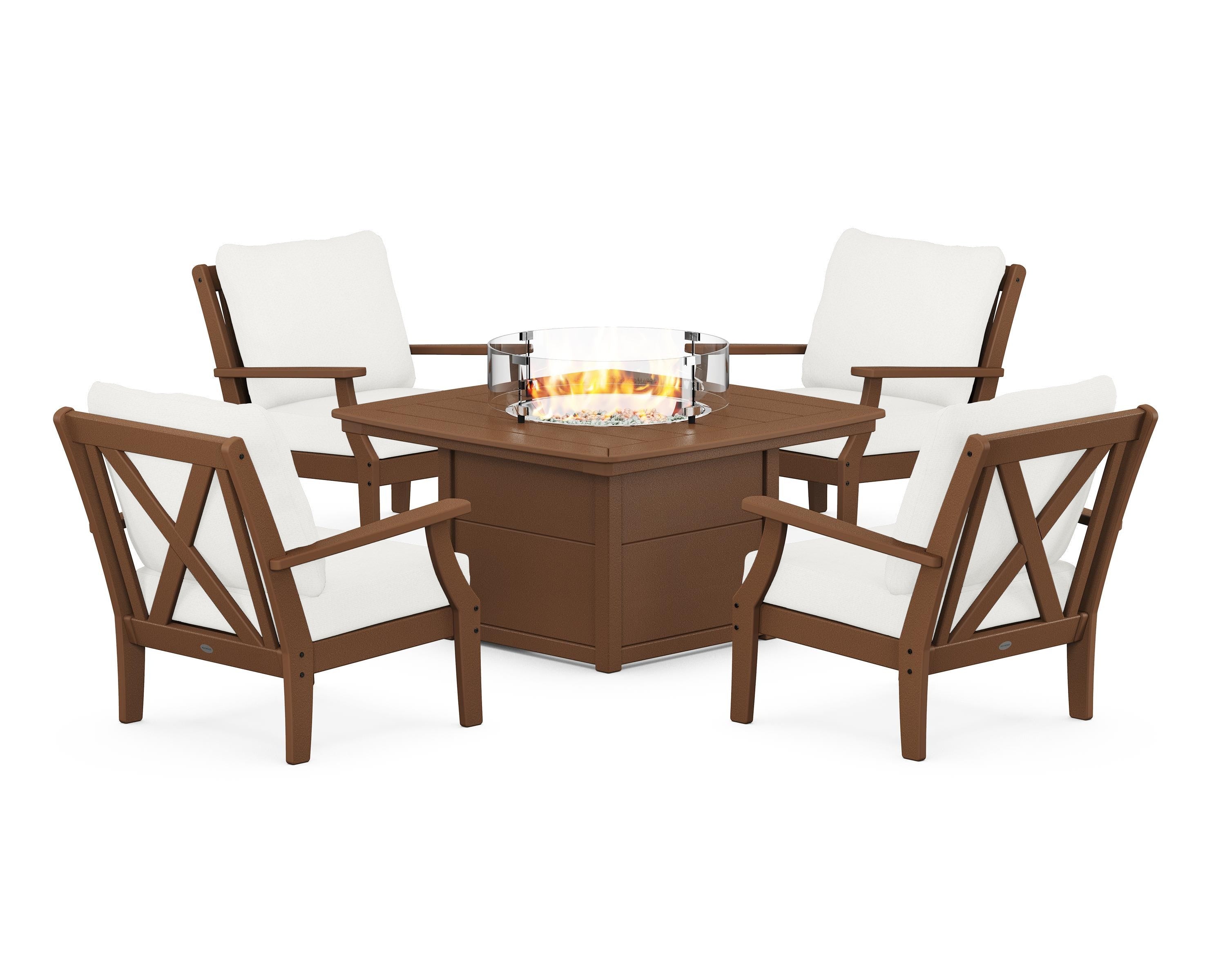 POLYWOOD® Braxton 5-Piece Deep Seating Conversation Set with Fire Pit Table in Teak / Natural Linen
