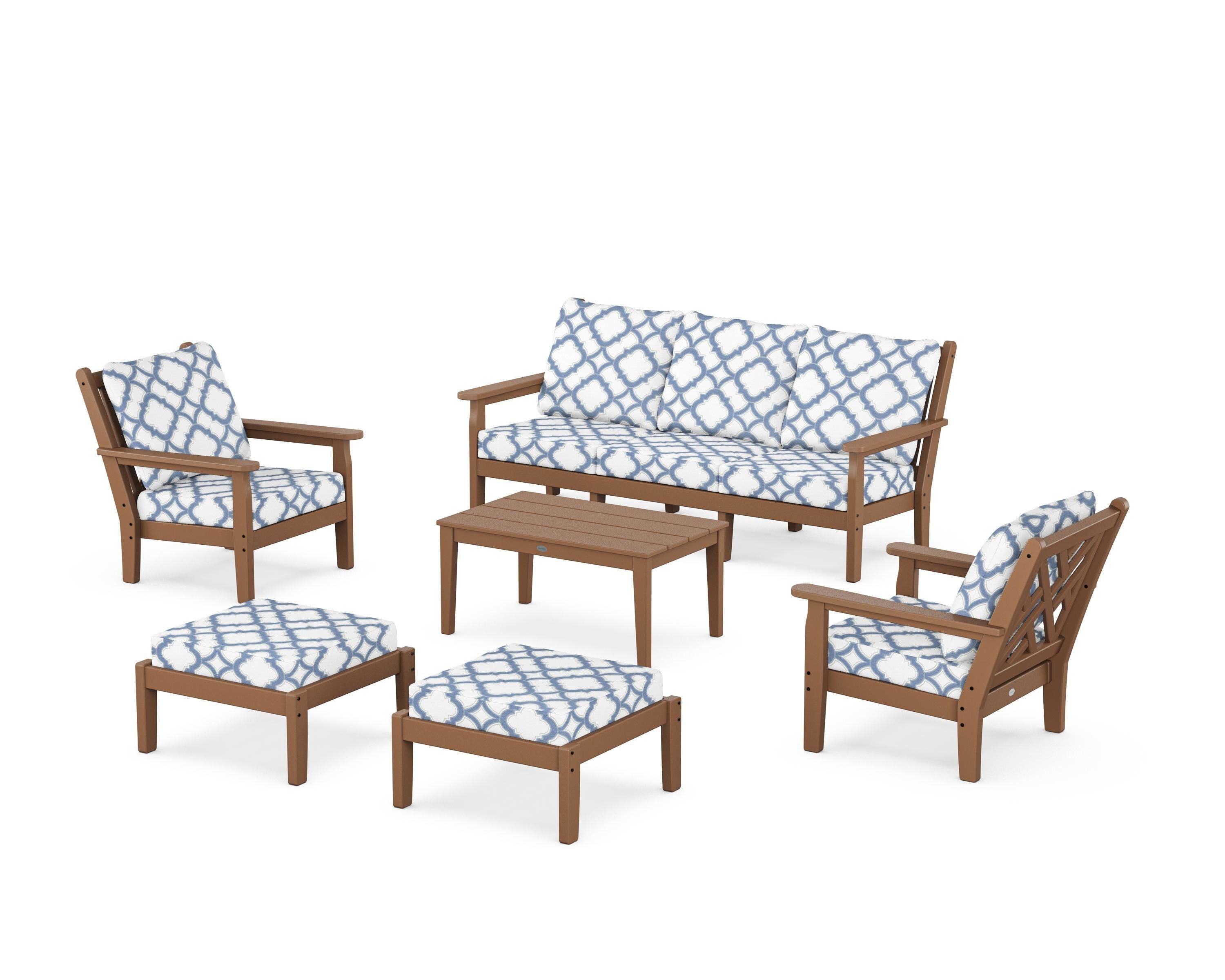 POLYWOOD® Chippendale 6-Piece Lounge Sofa Set in Teak / Trellis Sky Blue