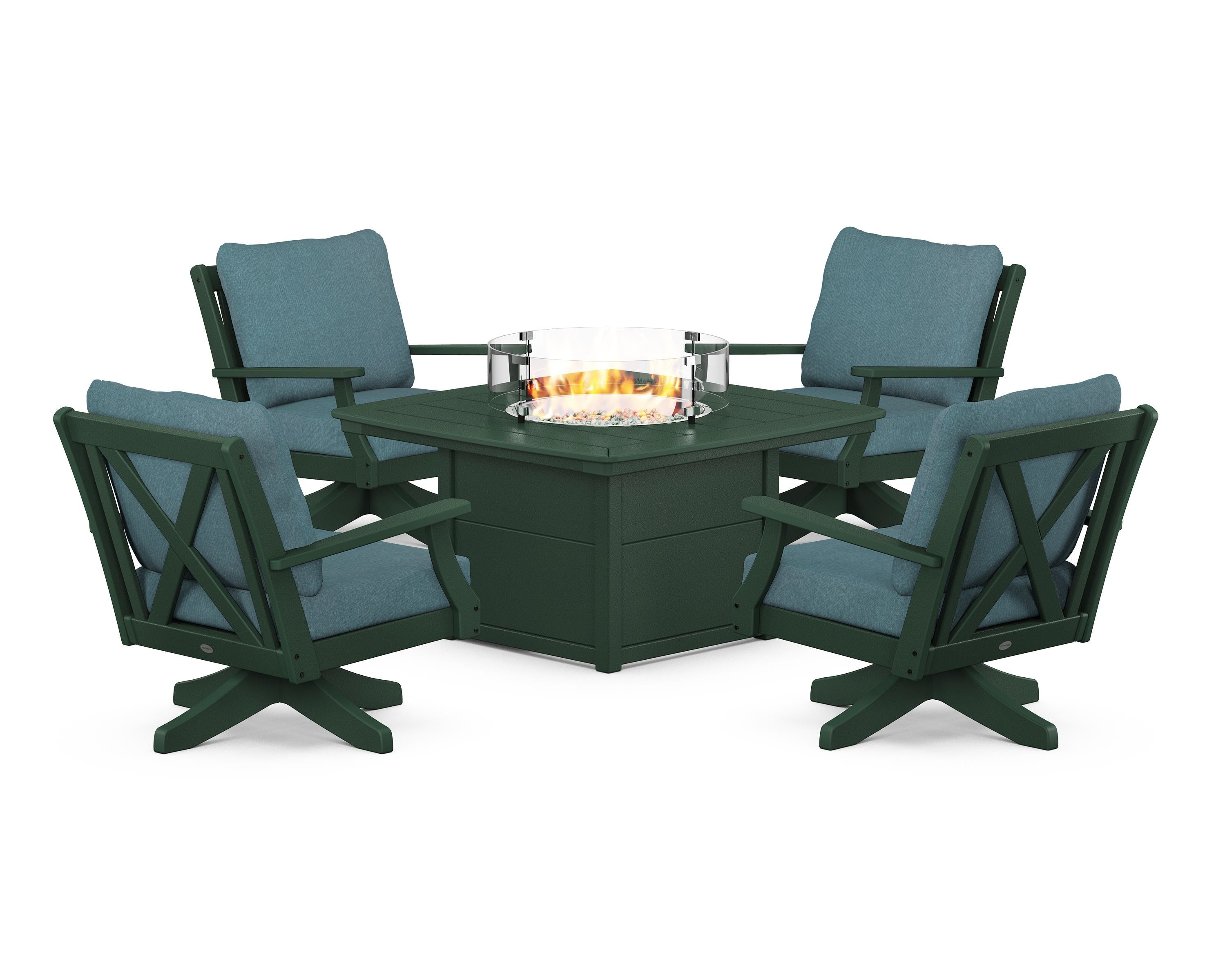 POLYWOOD® Braxton 5-Piece Deep Seating Swivel Conversation Set with Fire Pit Table in Green / Ocean Teal