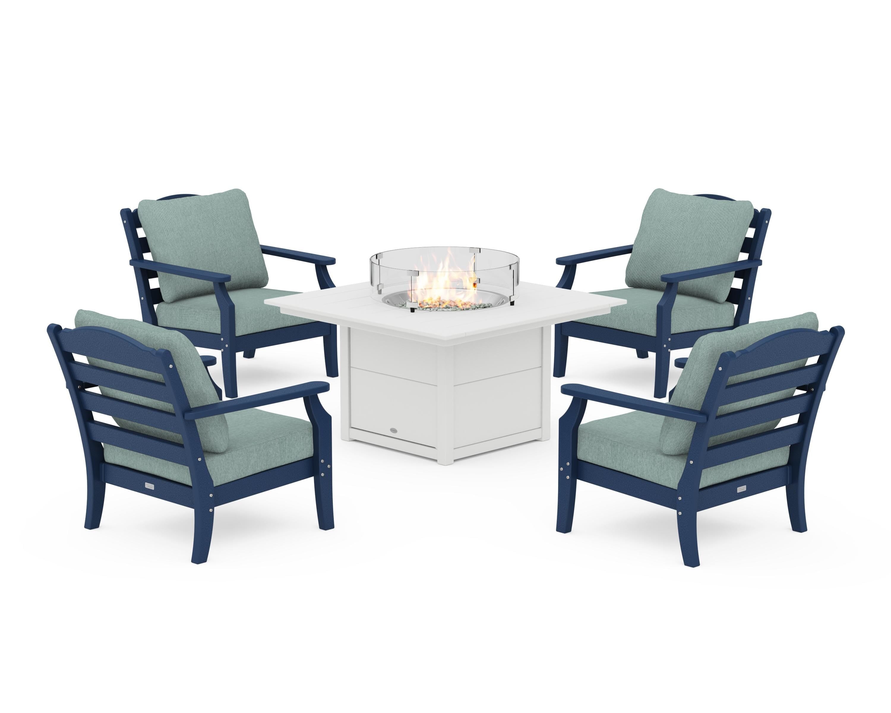 Draper James™ by POLYWOOD® Savannah 5-Piece Deep Seating Set with Fire Pit Table in Navy / Glacier Spa