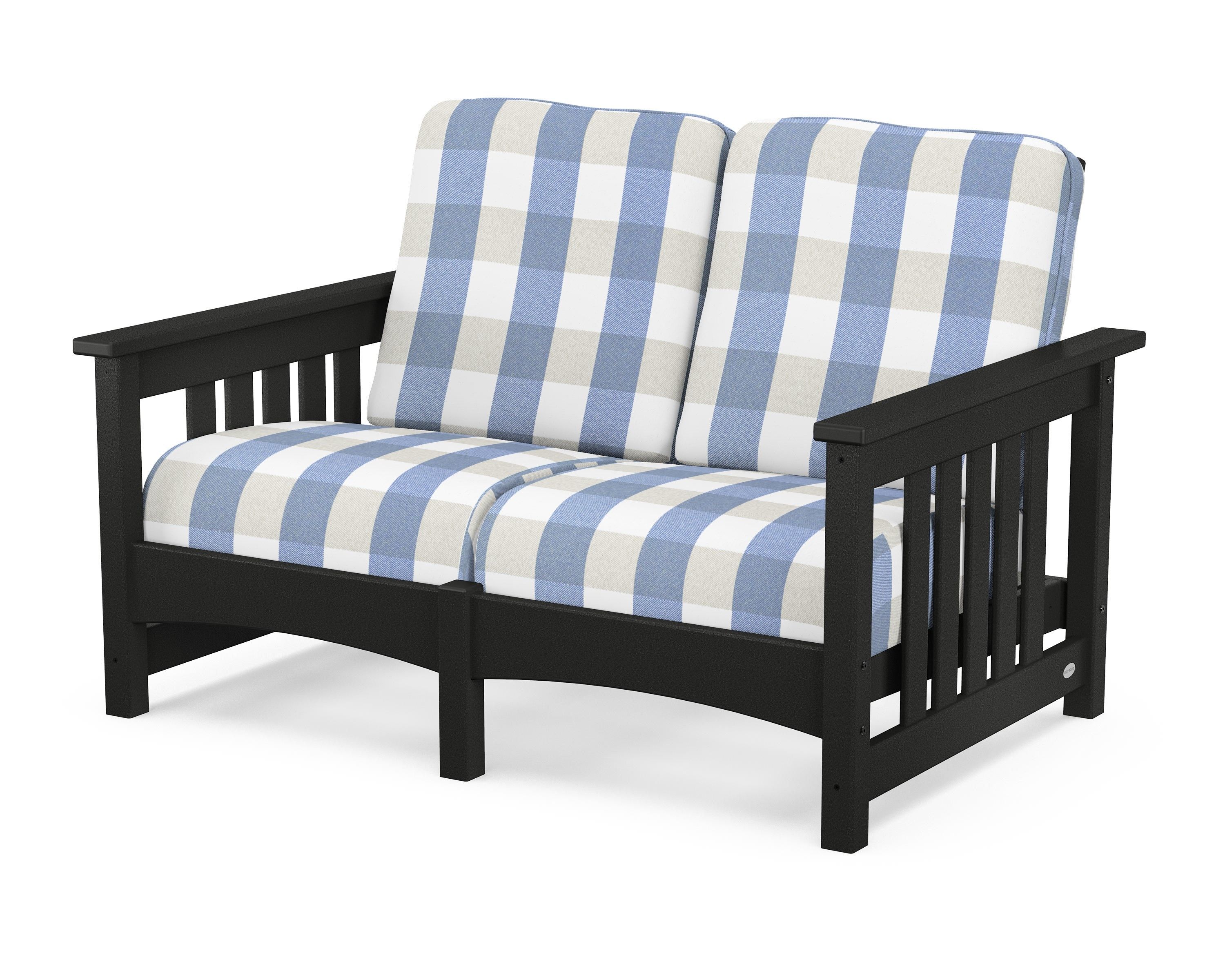 POLYWOOD® Club Mission Loveseat in Black / Buffalo Plaid Sky Blue