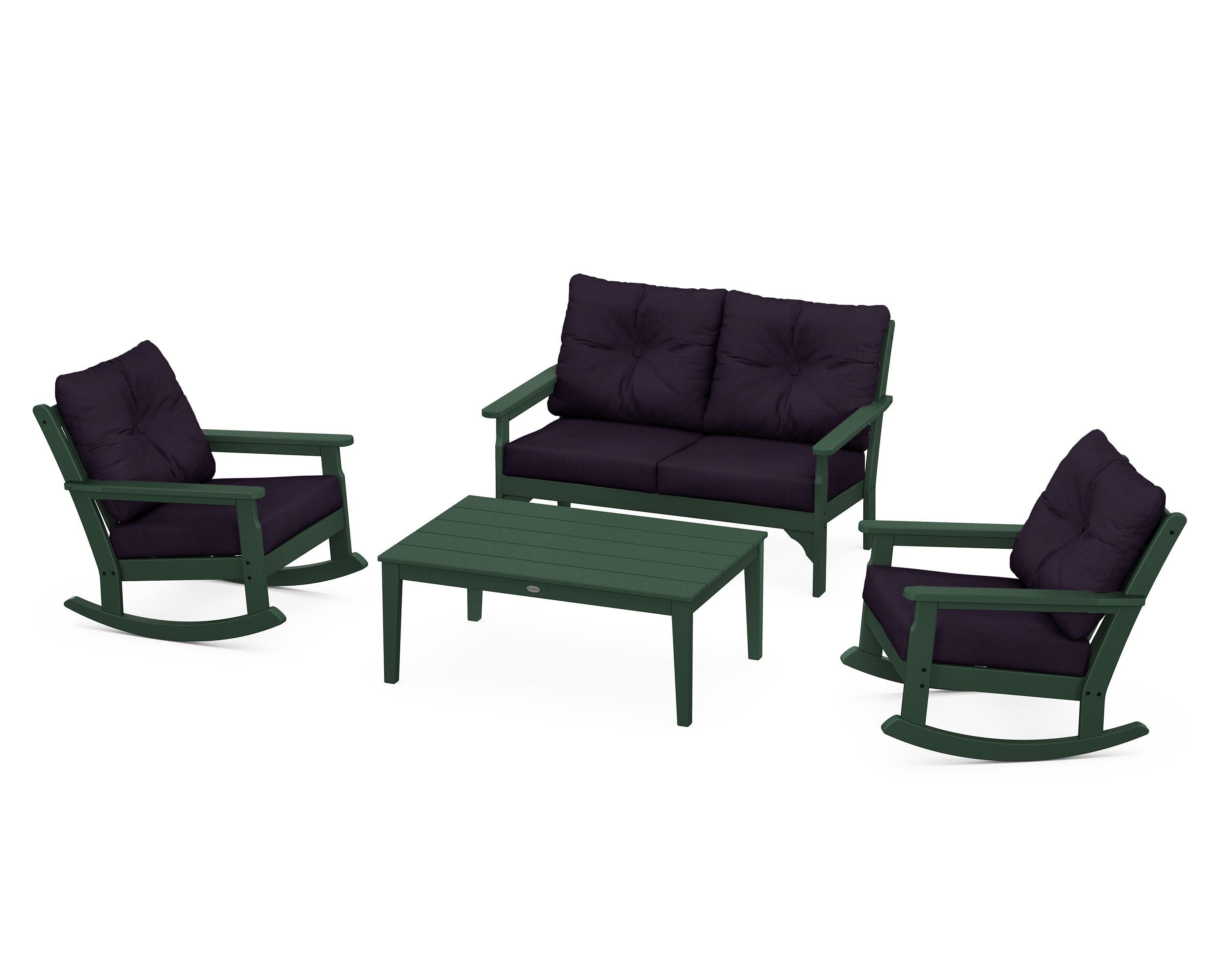 POLYWOOD® Vineyard 4-Piece Deep Seating Rocking Chair Set in Green / Navy Linen