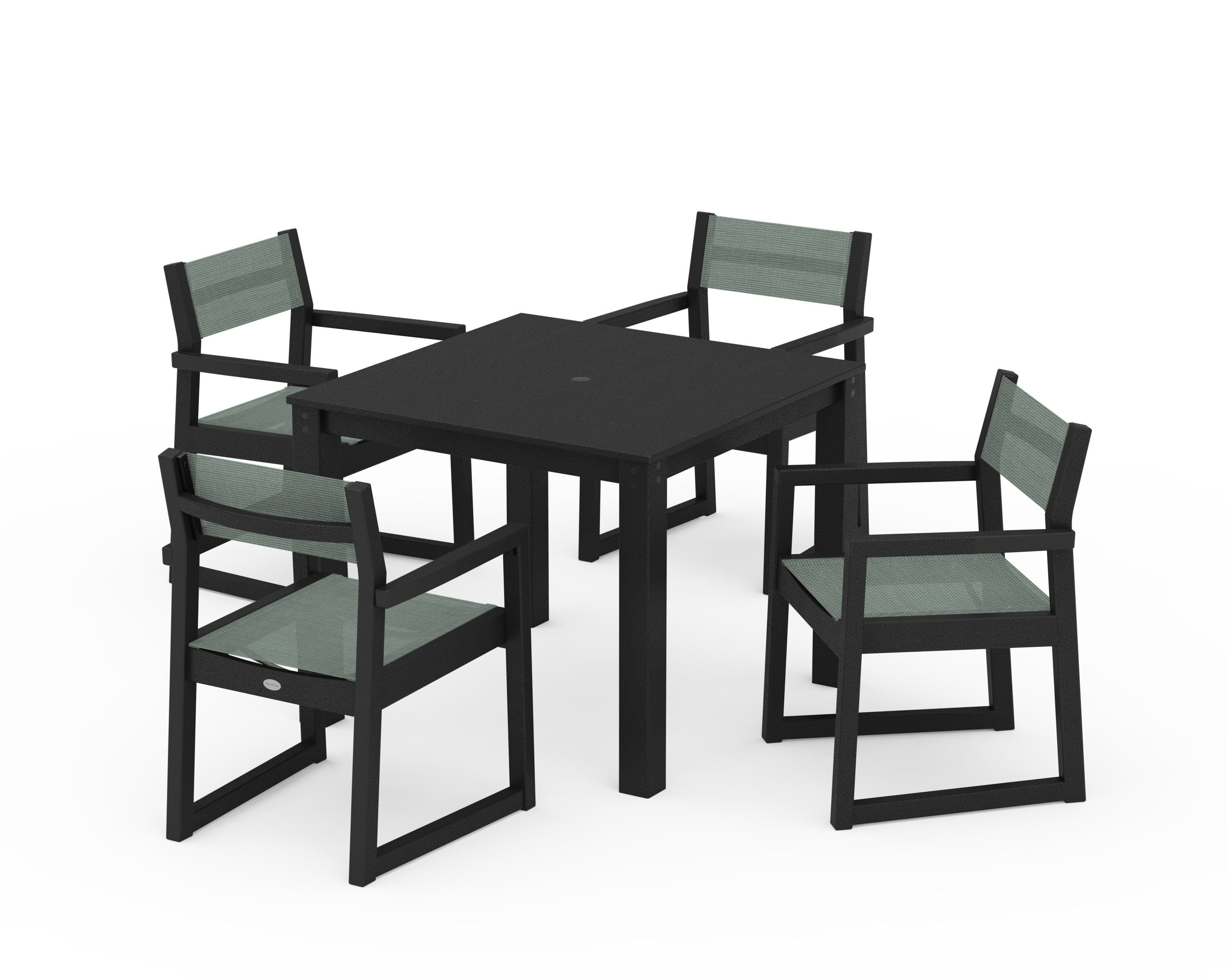 POLYWOOD® EDGE Sling Arm Chair 5-Piece Parsons Dining Set in Black / Dupioni Sea Mist Sling