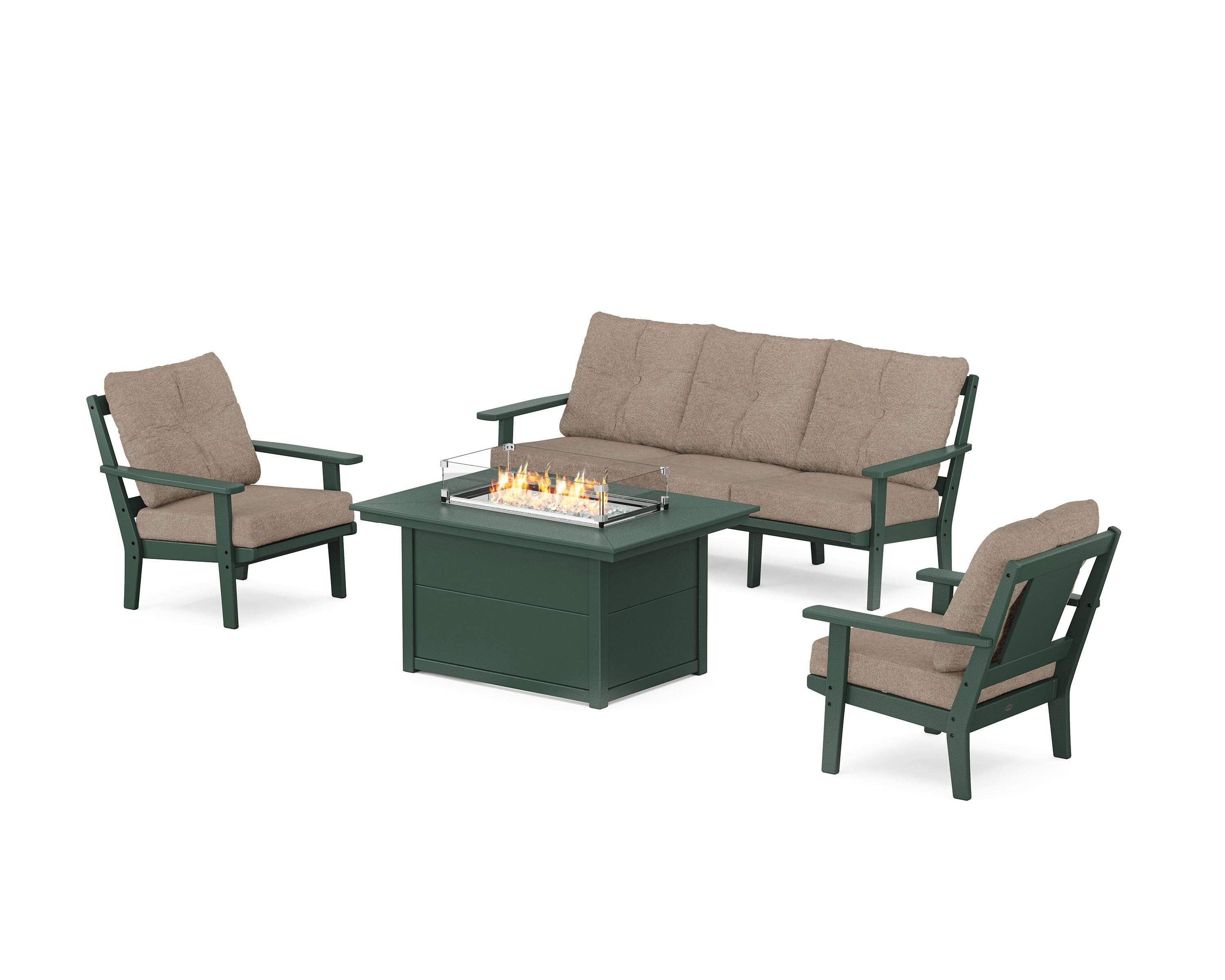 POLYWOOD® Prairie Deep Seating Fire Pit Table Set in Green / Spiced Burlap