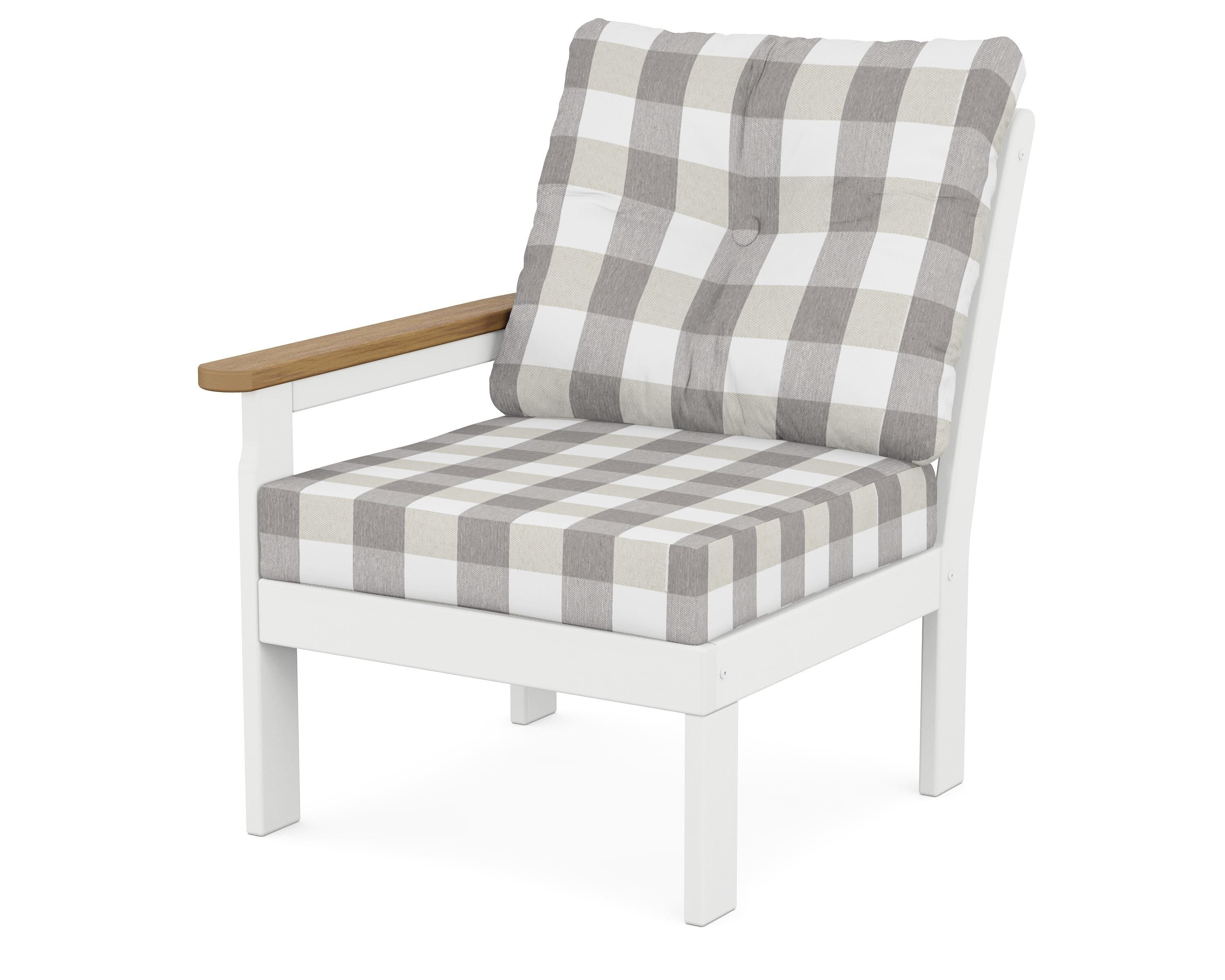 POLYWOOD® Vineyard Modular Left Arm Chair in White / Natural / Buffalo Plaid Grey Mist