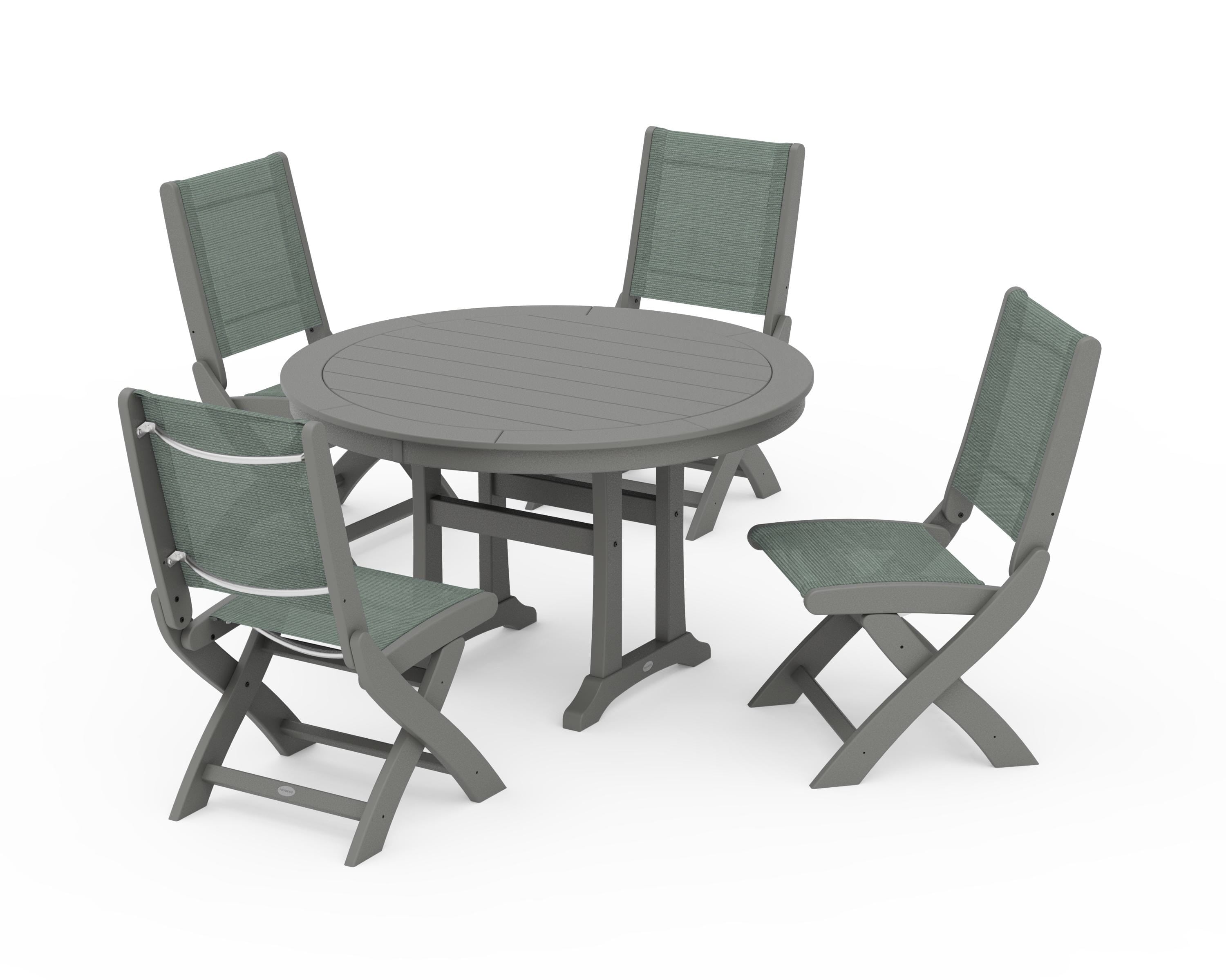 POLYWOOD® Coastal Folding Side Chair 5-Piece Round Dining Set With Trestle Legs in Slate Grey / Dupioni Sea Mist Sling