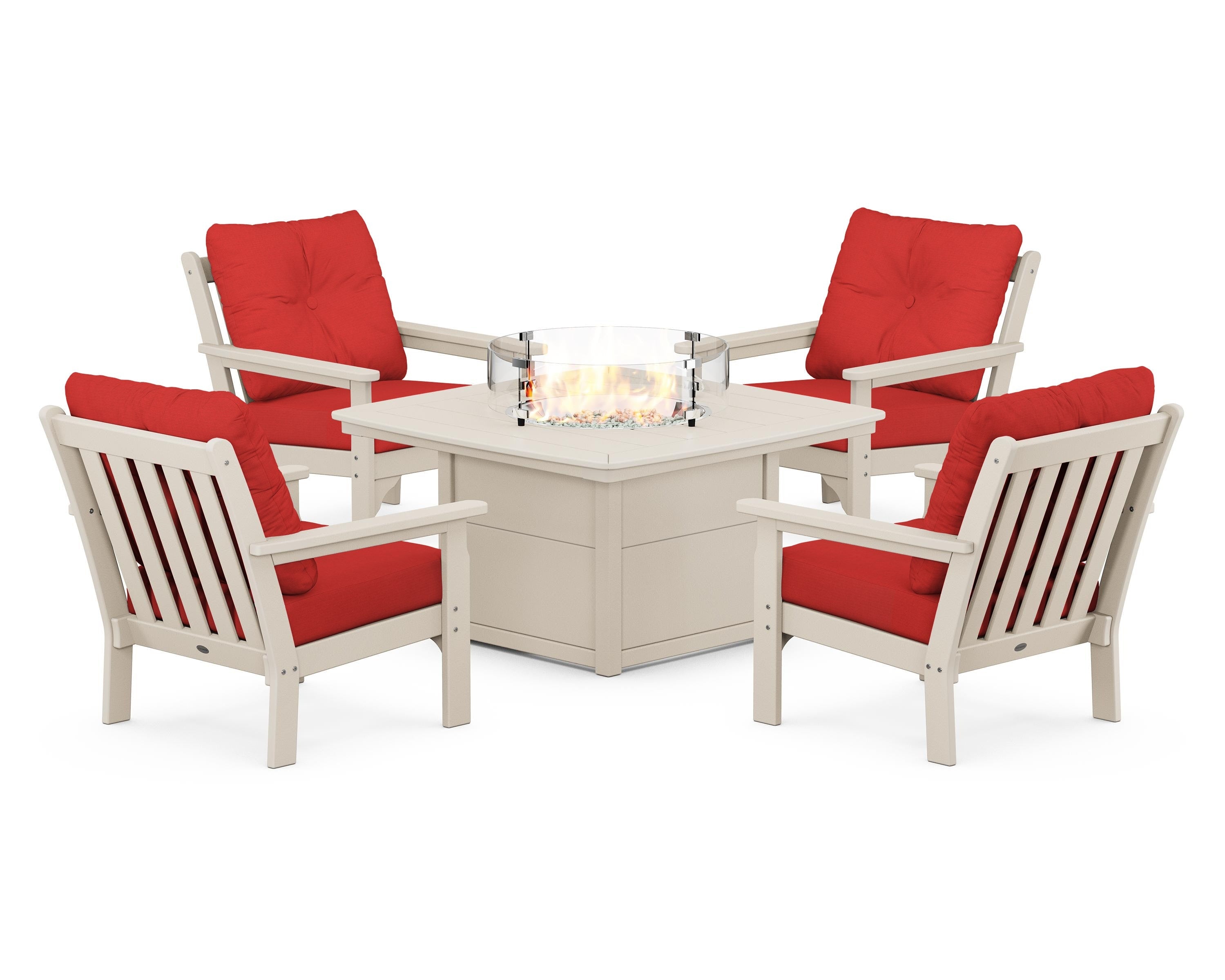 POLYWOOD® Vineyard 5-Piece Conversation Set with Fire Pit Table in Sand / Crimson Linen
