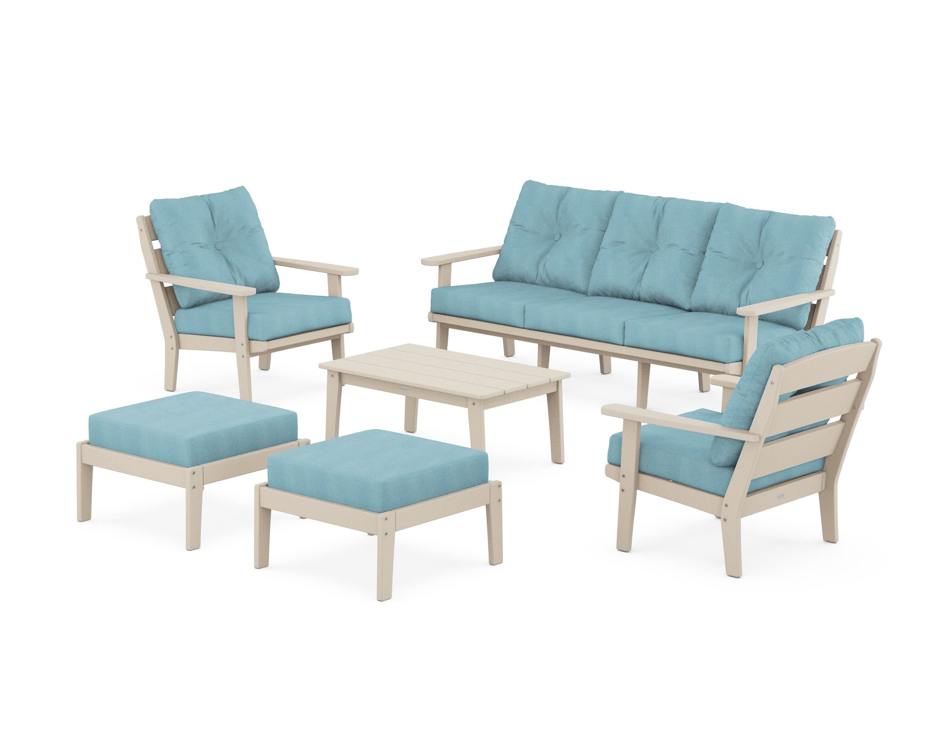 POLYWOOD® Lakeside 6-Piece Lounge Sofa Set in Sand / Lattice Sky Blue
