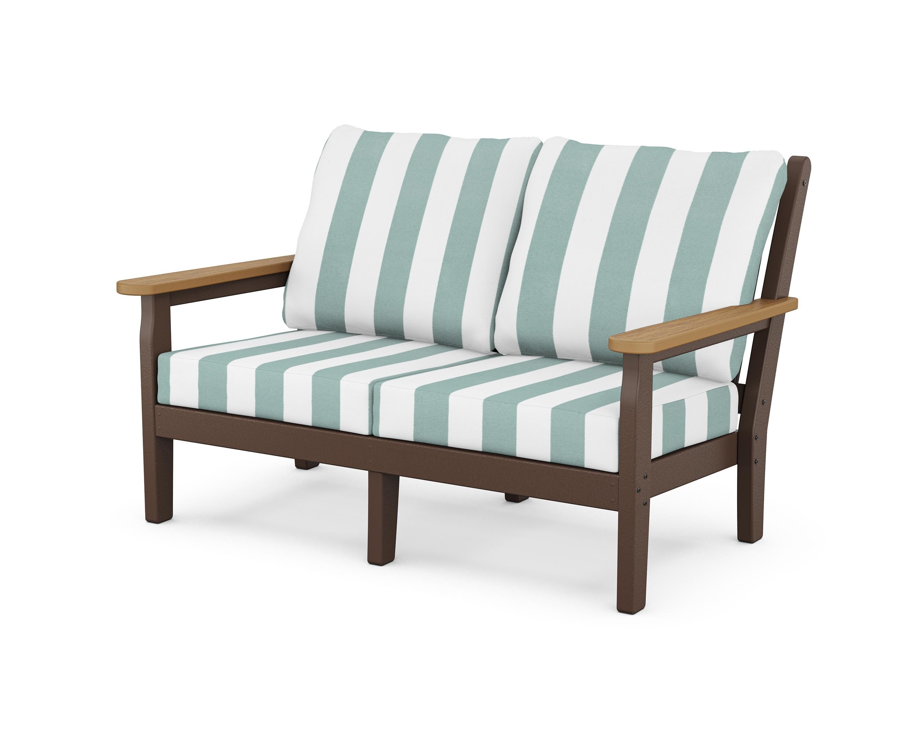 POLYWOOD® Chippendale Deep Seating Loveseat in Mahogany / Natural / Cabana Stripe Glacier Spa