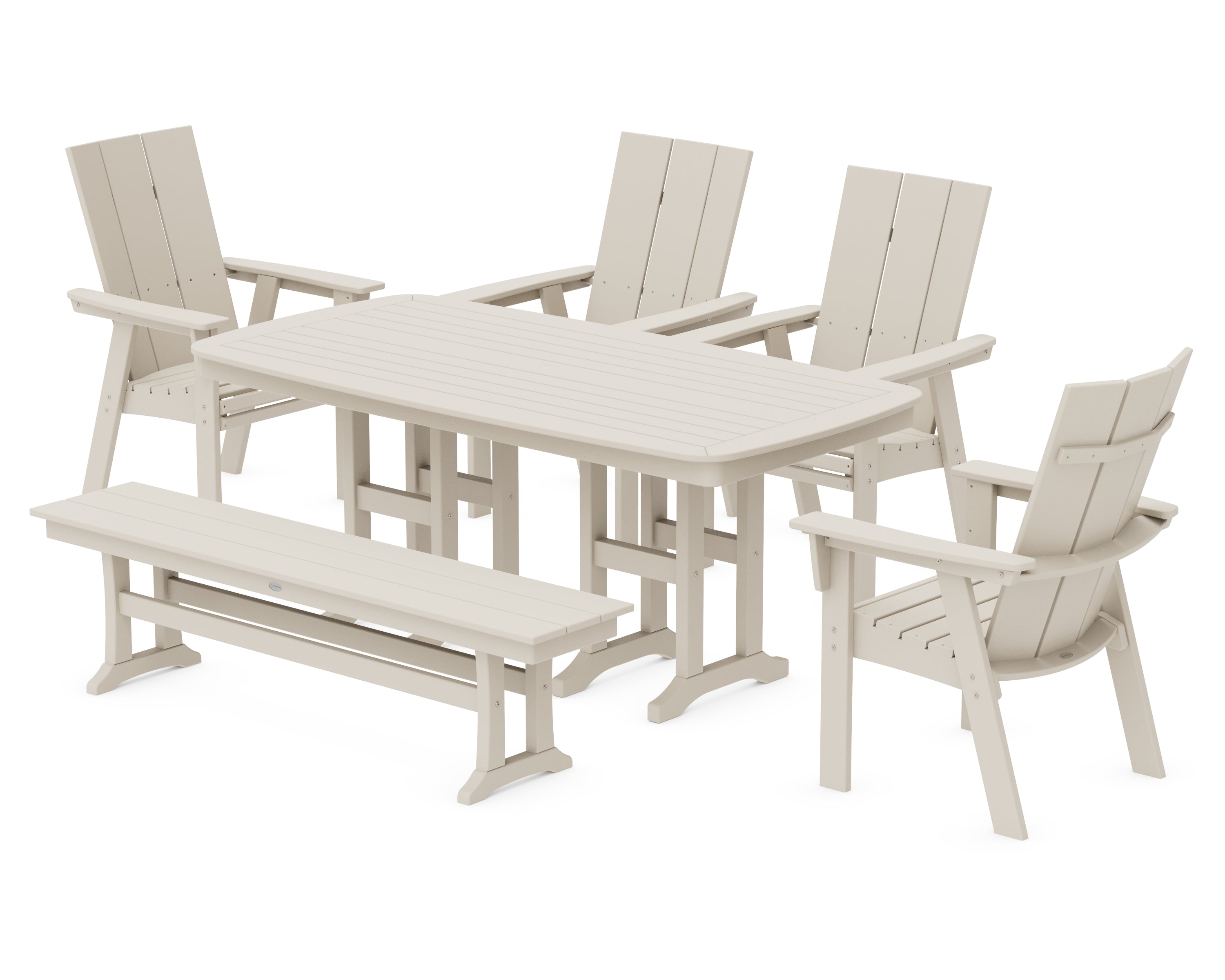POLYWOOD® Modern Curveback Adirondack 6-Piece Dining Set with Bench in Sand