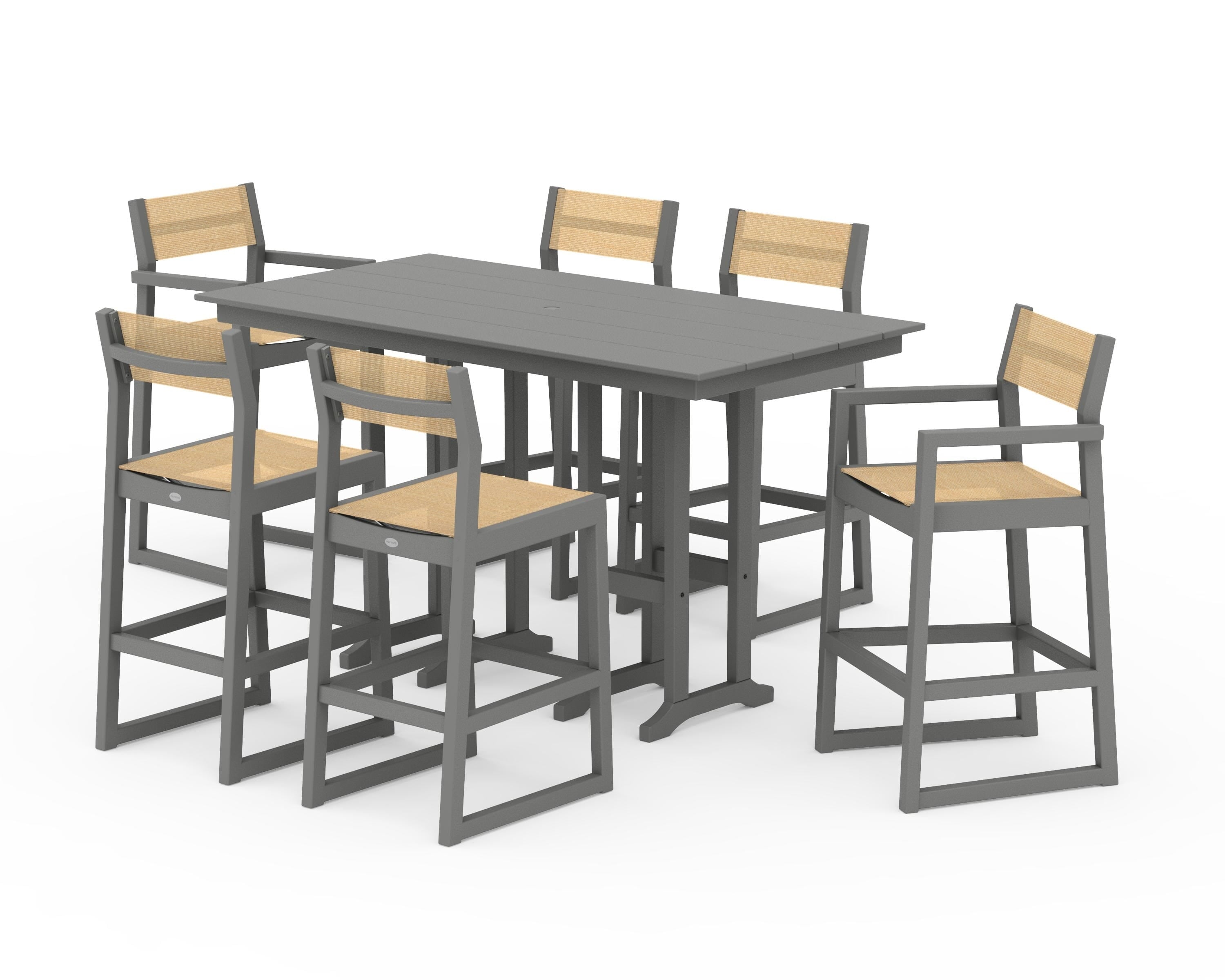 POLYWOOD® EDGE Sling 7-Piece Farmhouse Bar Set in Slate Grey / Dupioni Apricot Sling