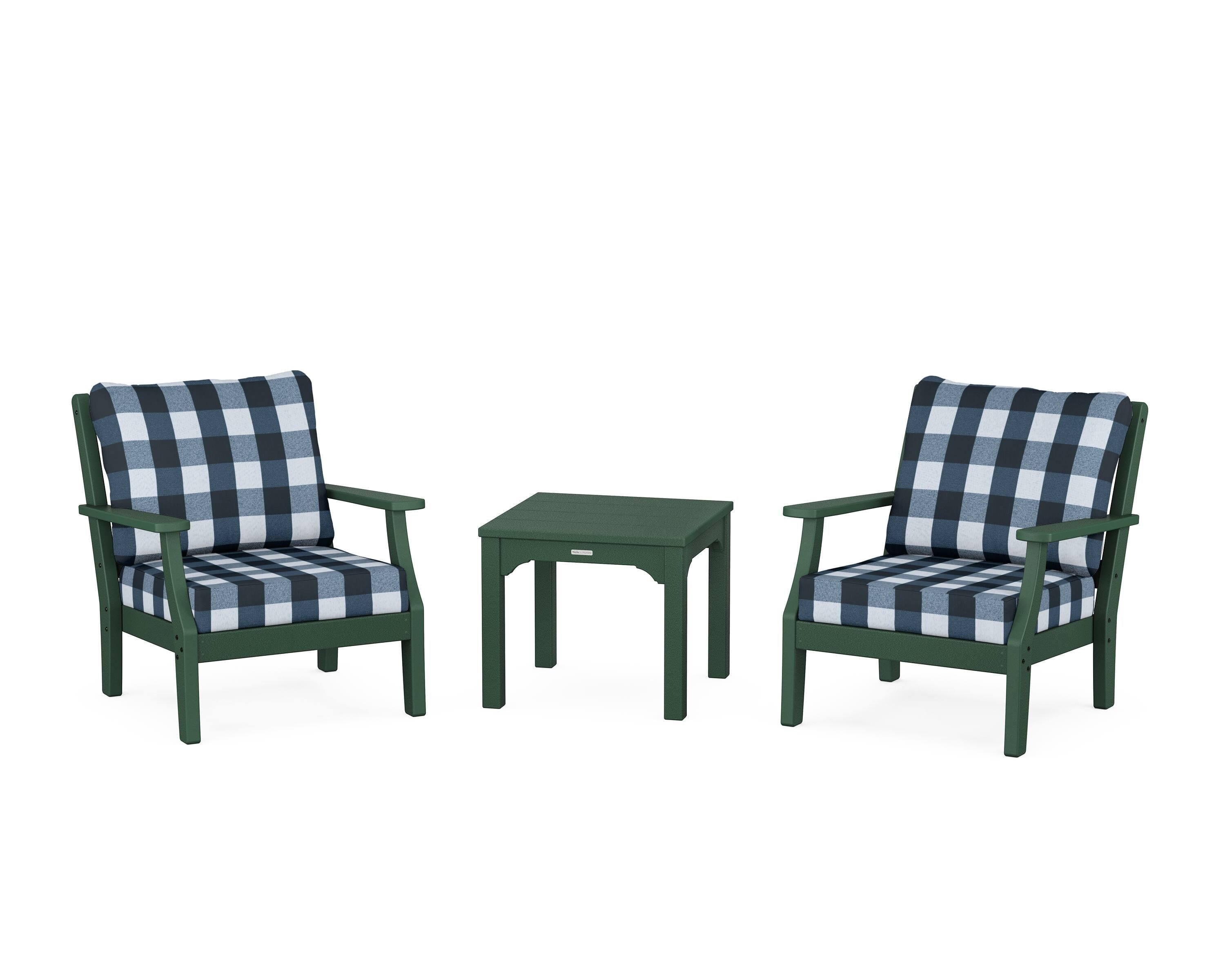 Martha Stewart by POLYWOOD® Chinoiserie 3-Piece Deep Seating Set in Green / Buffalo Plaid Marine Indigo