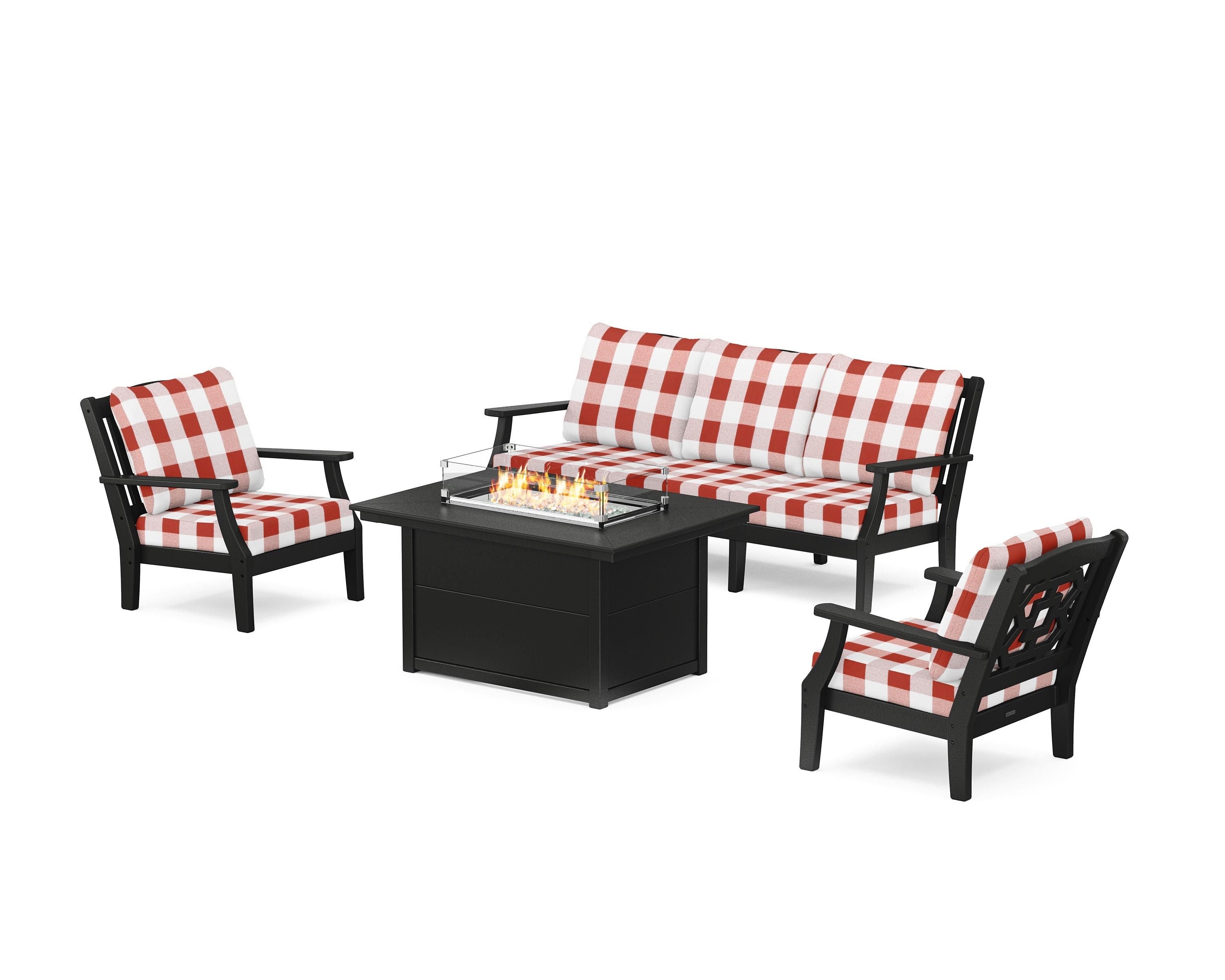 Martha Stewart by POLYWOOD® Chinoiserie Deep Seating Fire Pit Table Set in Black / Buffalo Plaid Crimson