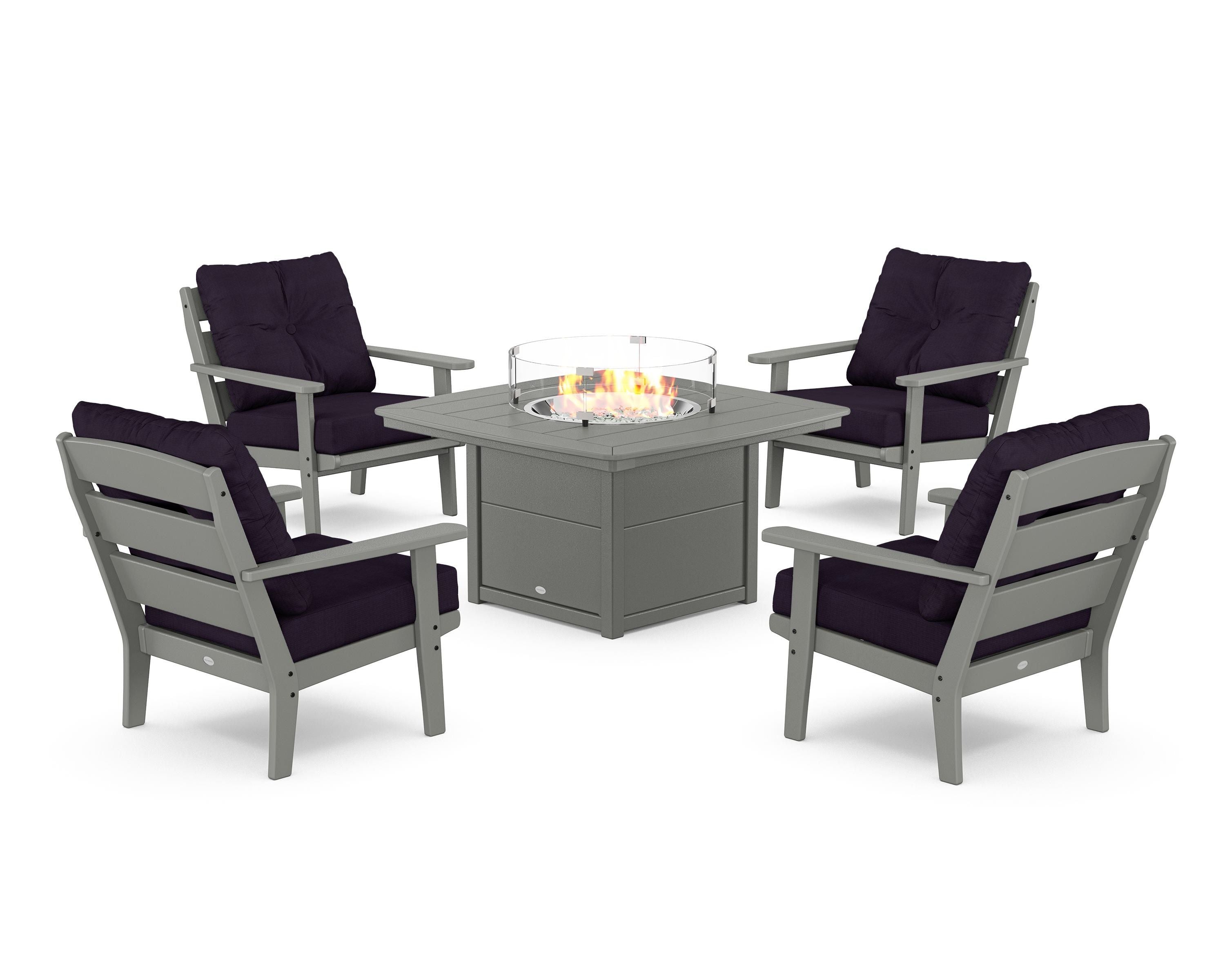 POLYWOOD® Lakeside 5-Piece Deep Seating Set with Nautical Fire Pit Table in Slate Grey / Navy Linen