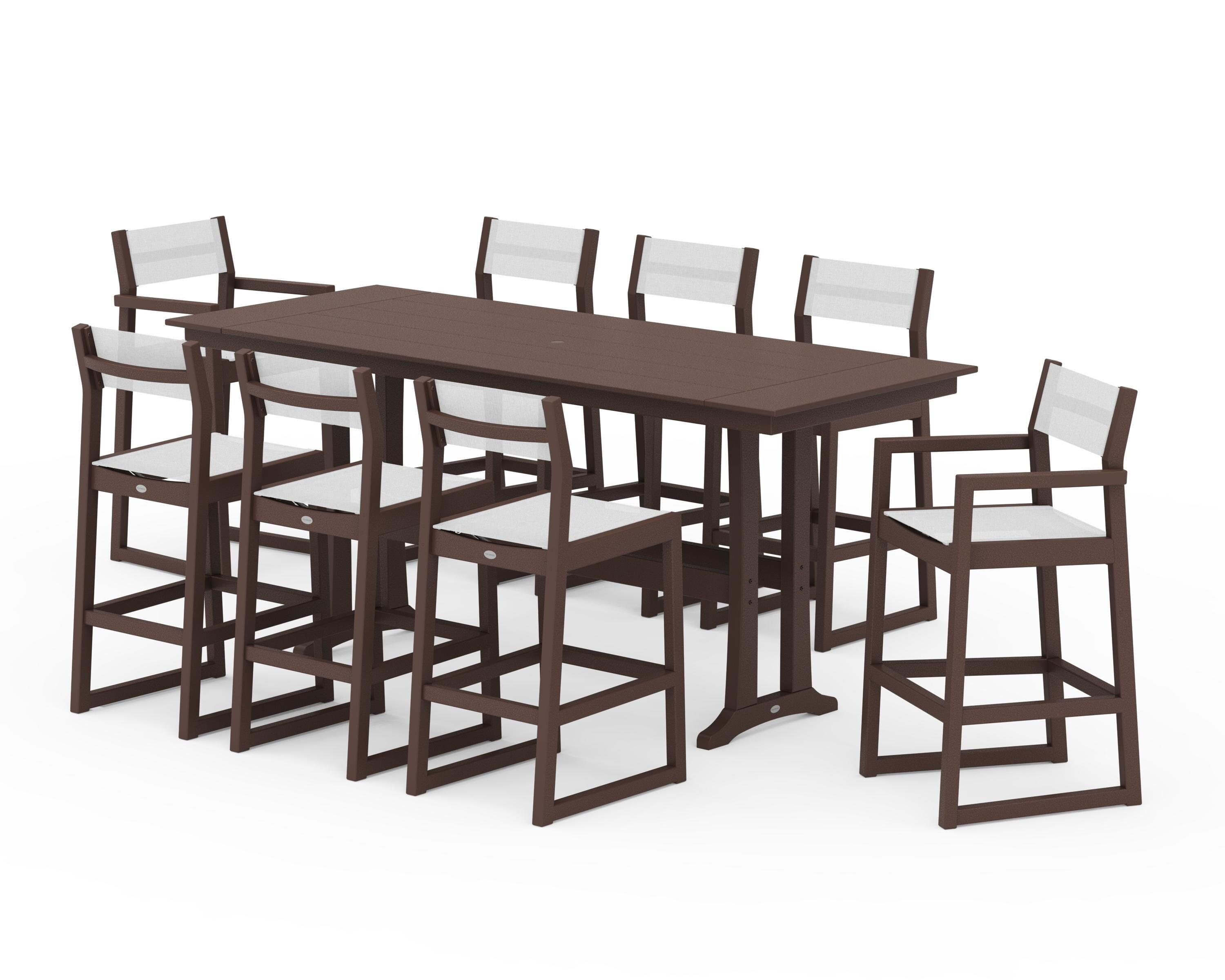POLYWOOD® EDGE Sling 9-Piece Farmhouse Bar Set with Trestle Legs in Mahogany / White Sling