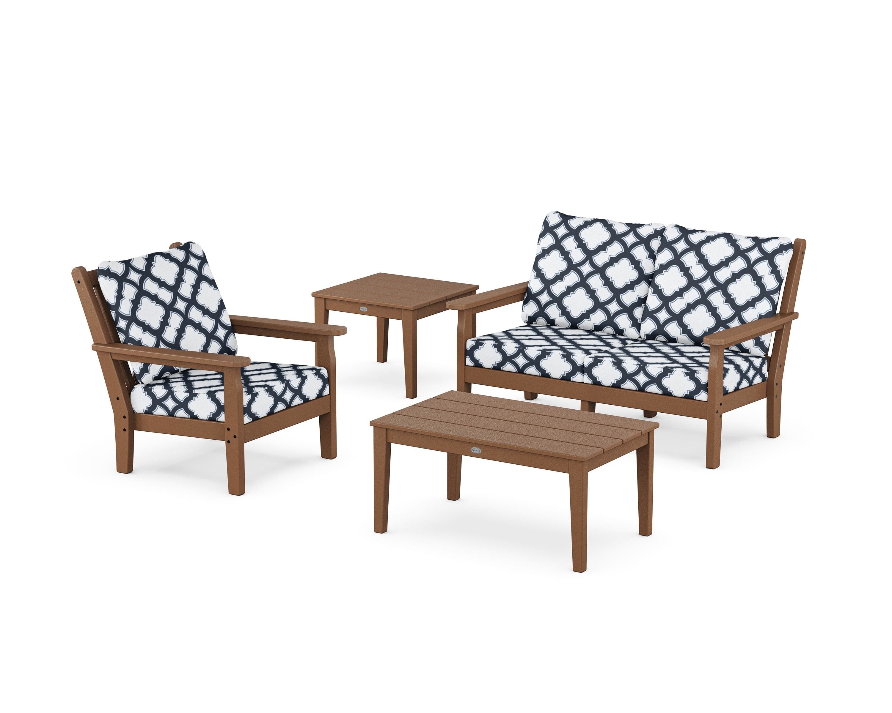 POLYWOOD® Chippendale 4-Piece Deep Seating Set in Teak / Trellis Marine Indigo