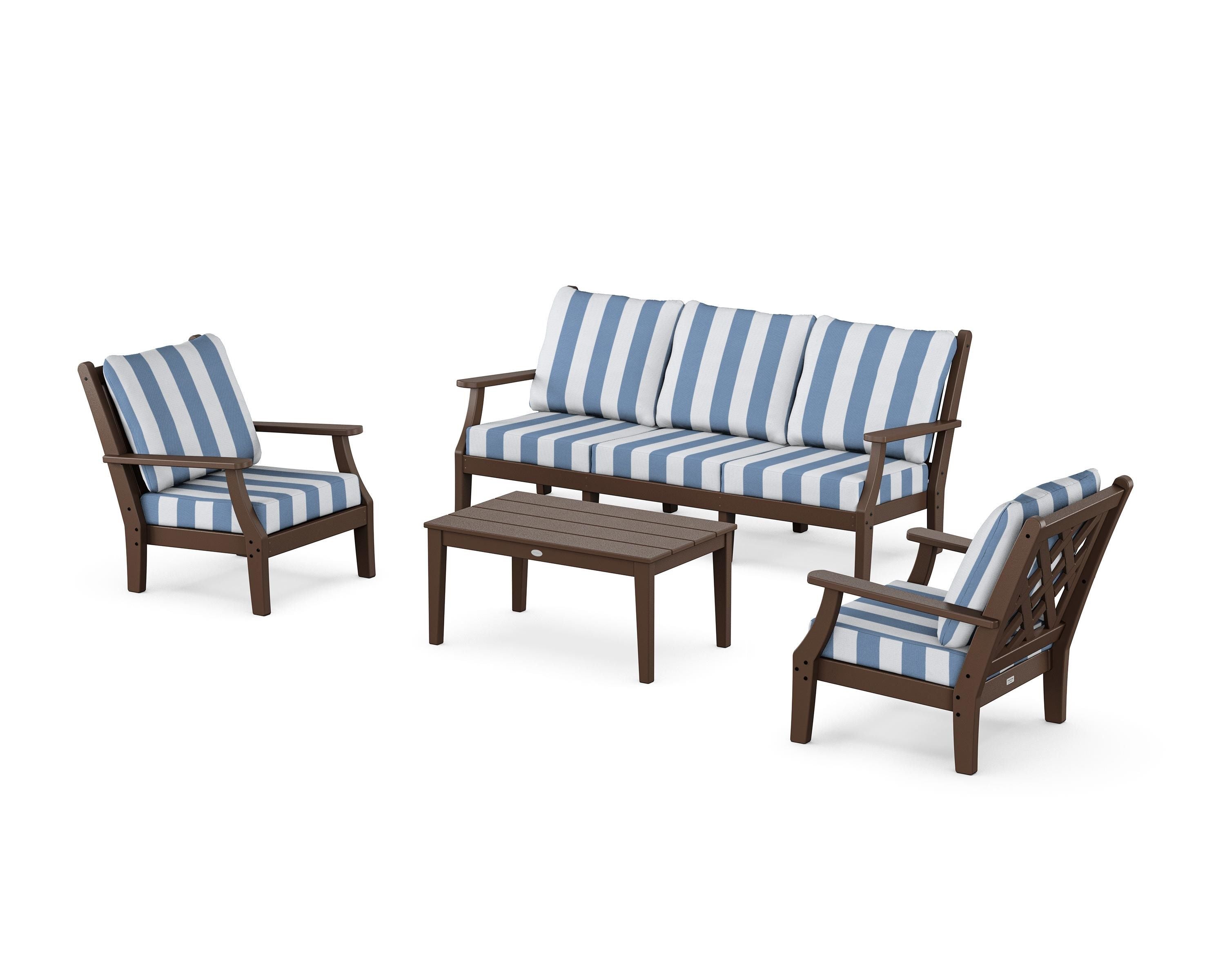 Country Living Wovendale 4-Piece Deep Seating Set with Sofa in Mahogany / Cabana Stripe Sky Blue