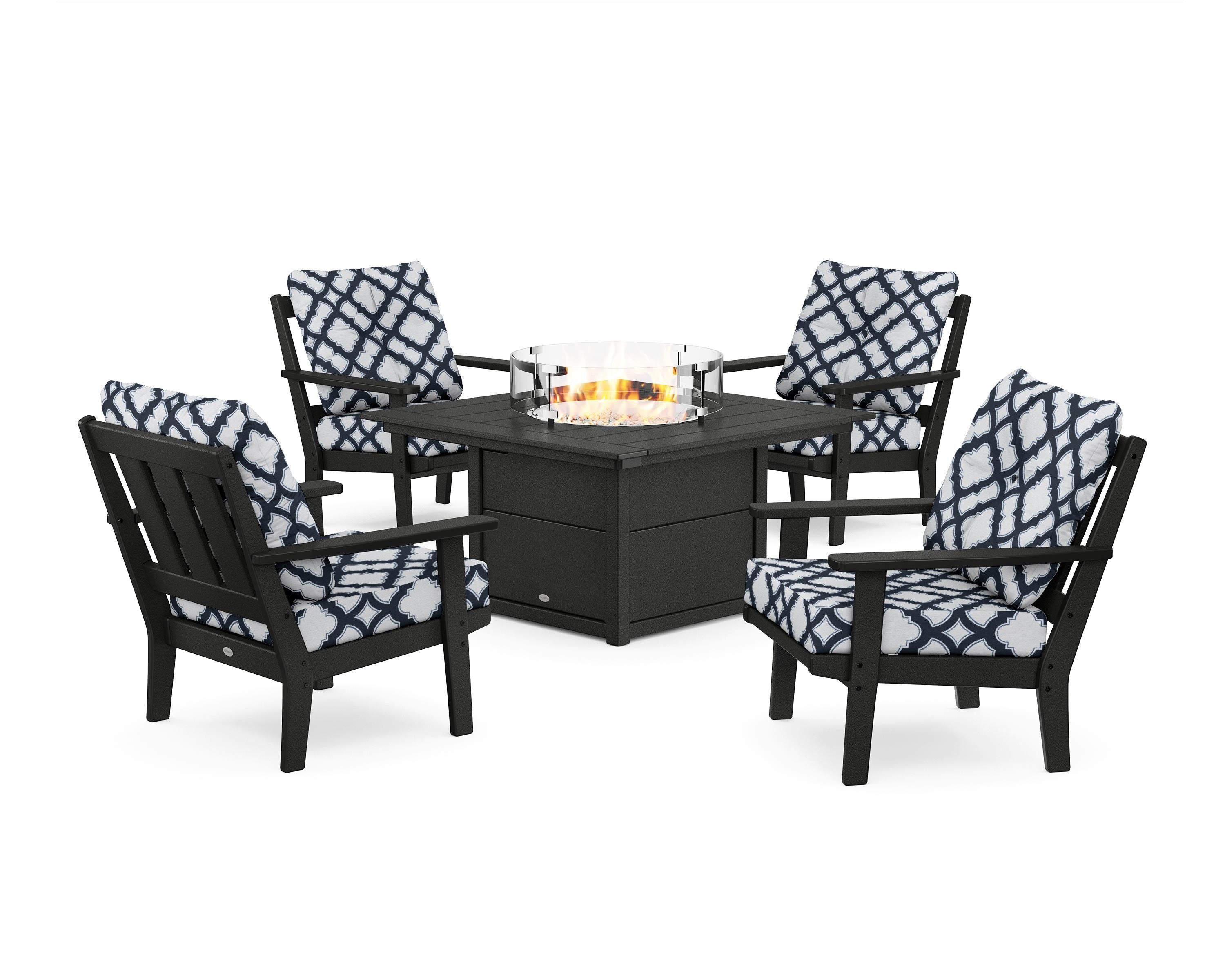POLYWOOD® Oxford 5-Piece Deep Seating Set with Fire Pit Table in Black / Trellis Marine Indigo