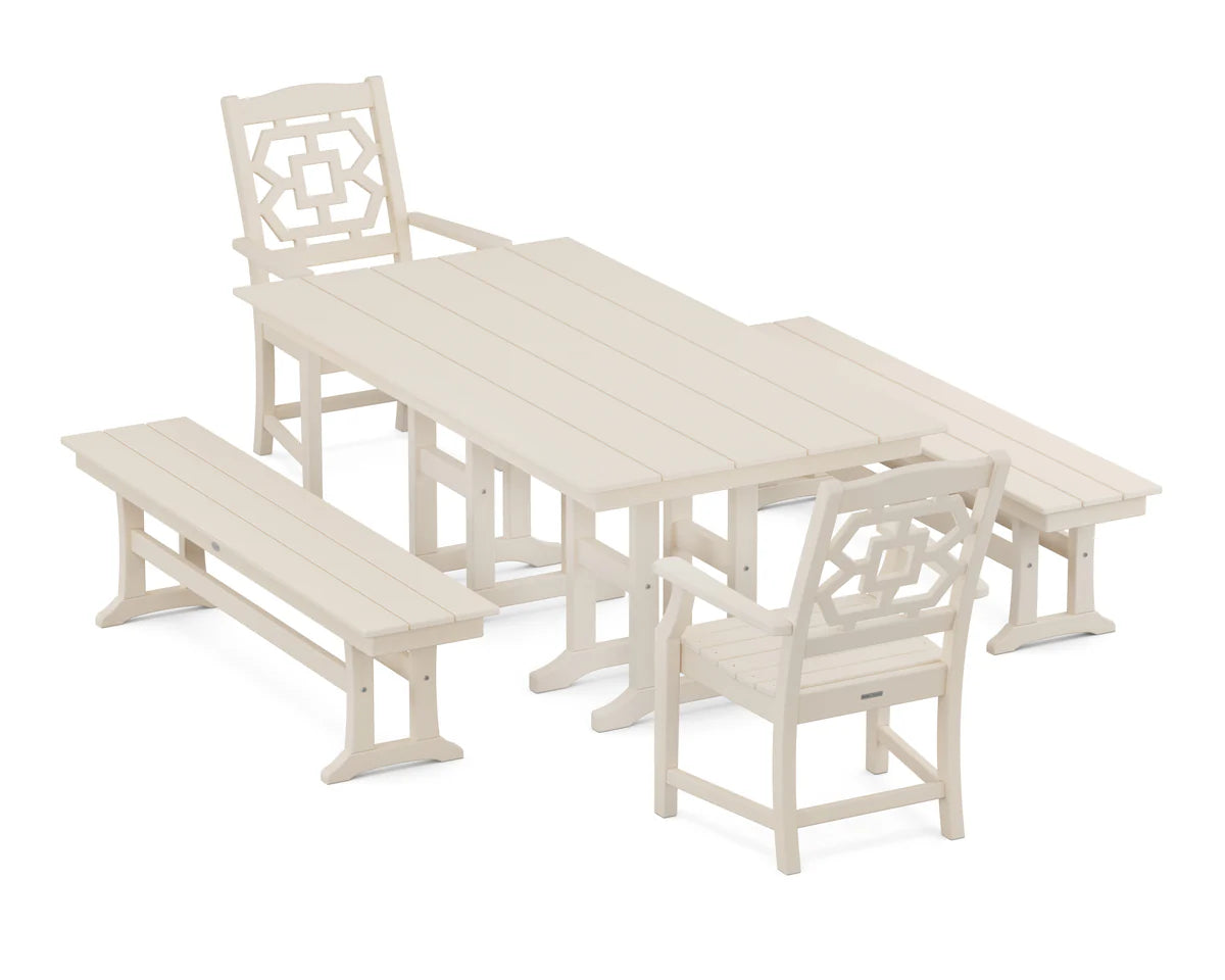 Chinoiserie 5-Piece Farmhouse Dining Set with Benches