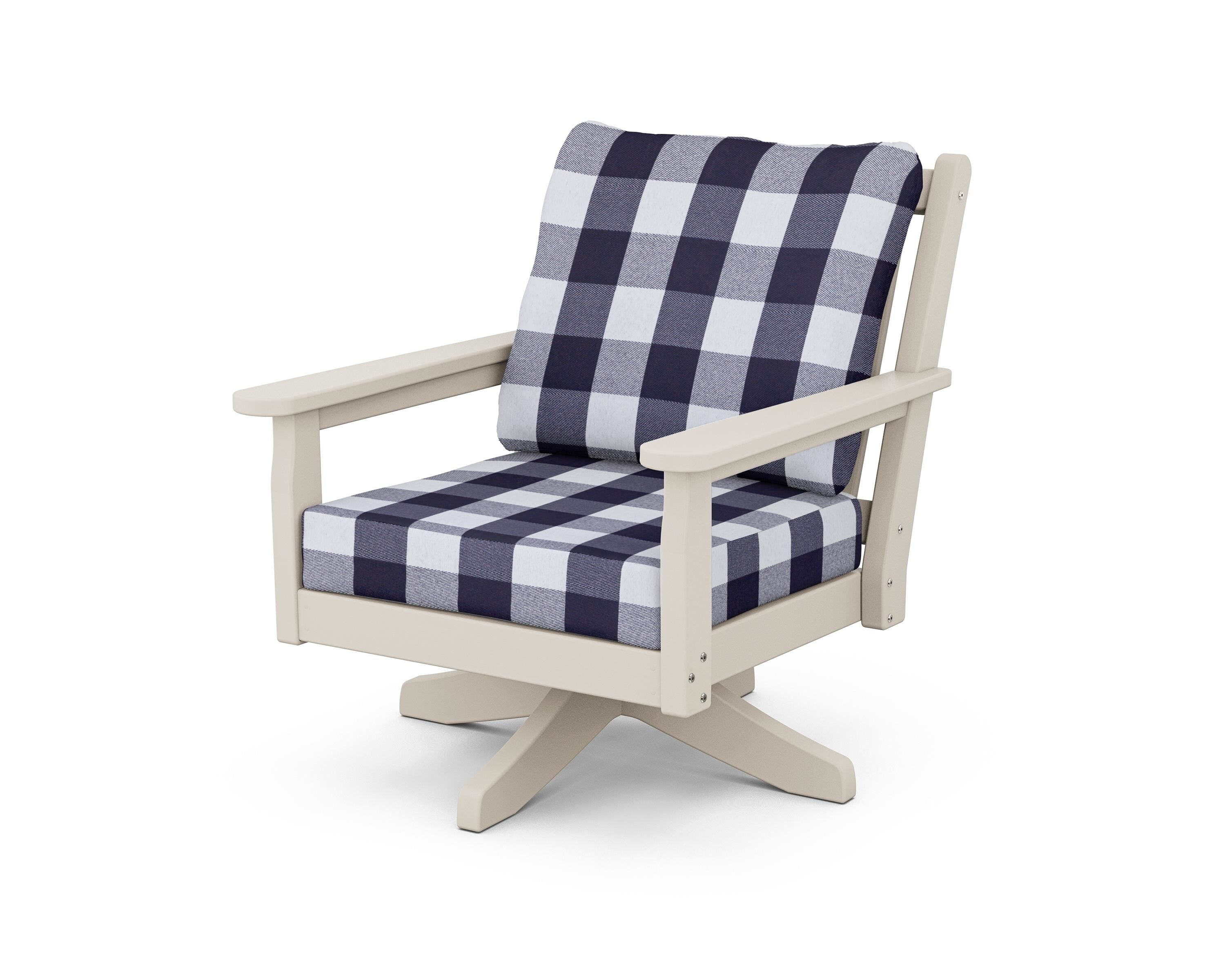 POLYWOOD® Chippendale Deep Seating Swivel Chair in Sand / Buffalo Plaid Navy