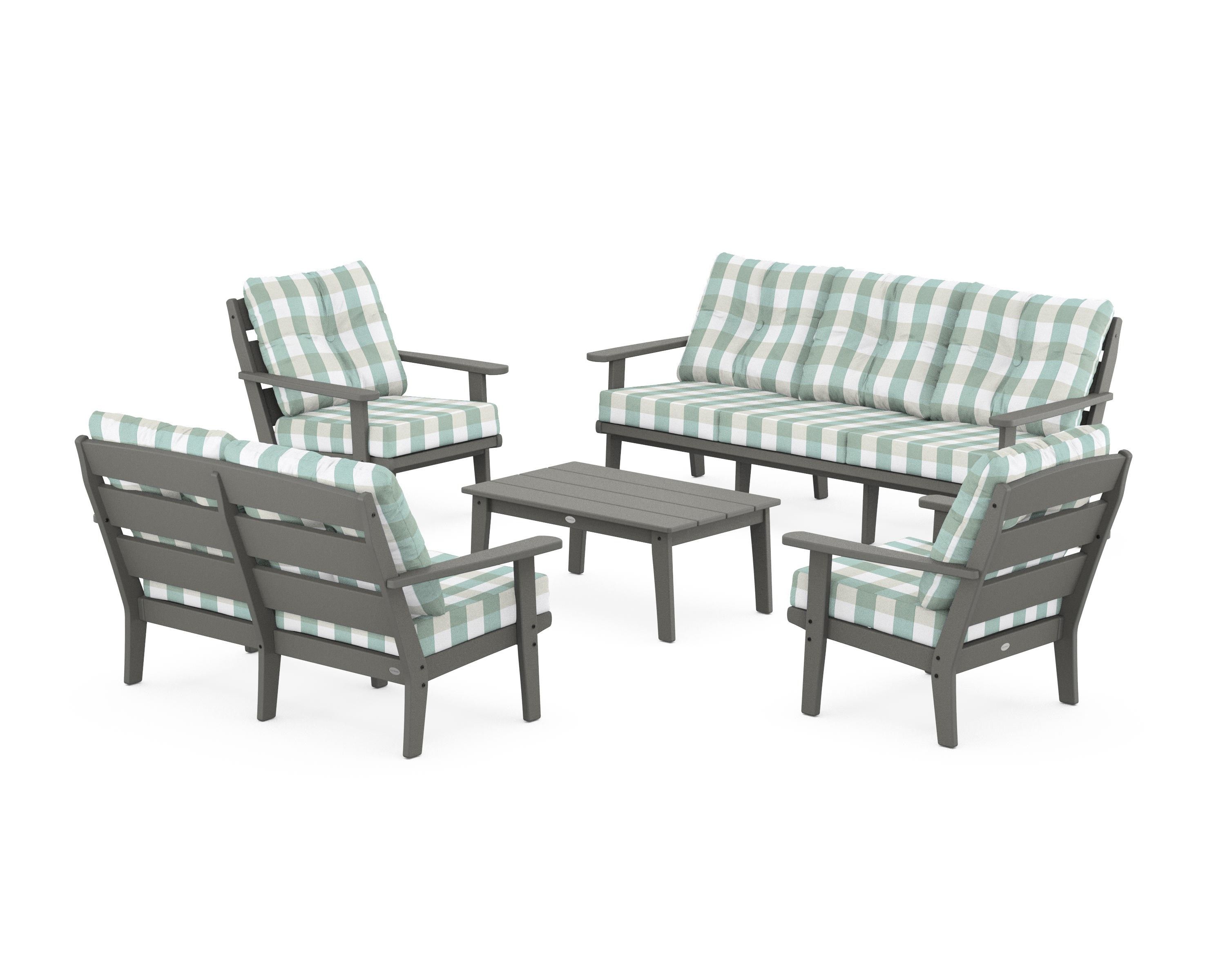 POLYWOOD® Lakeside 5-Piece Lounge Sofa Set in Slate Grey / Buffalo Plaid Glacier Spa