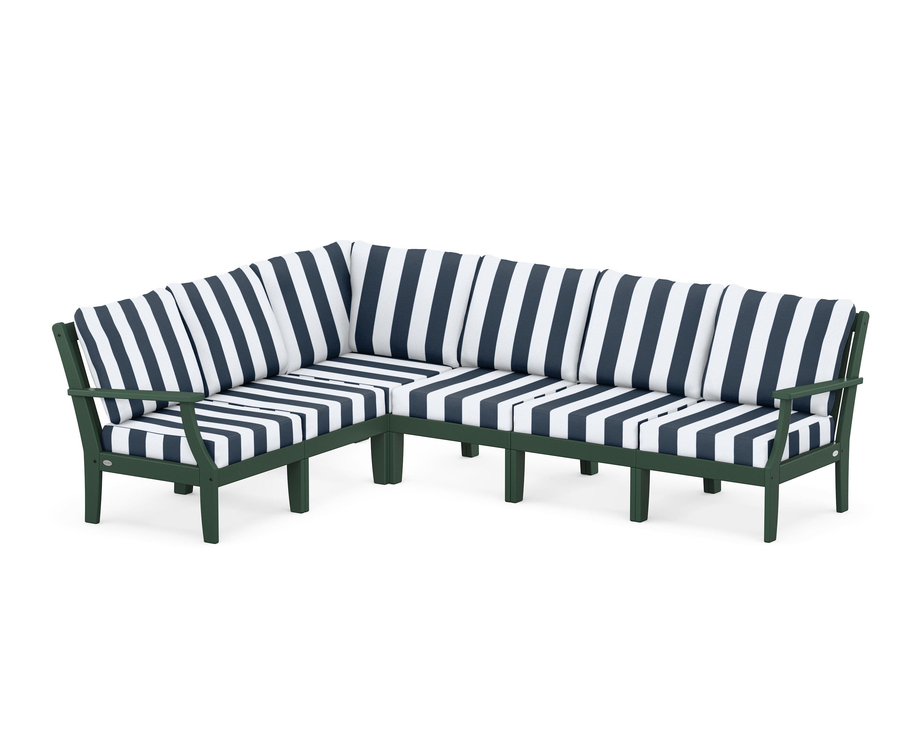 POLYWOOD® Braxton Modular 6-Piece Deep Seating Set in Green / Cabana Stripe Marine Indigo