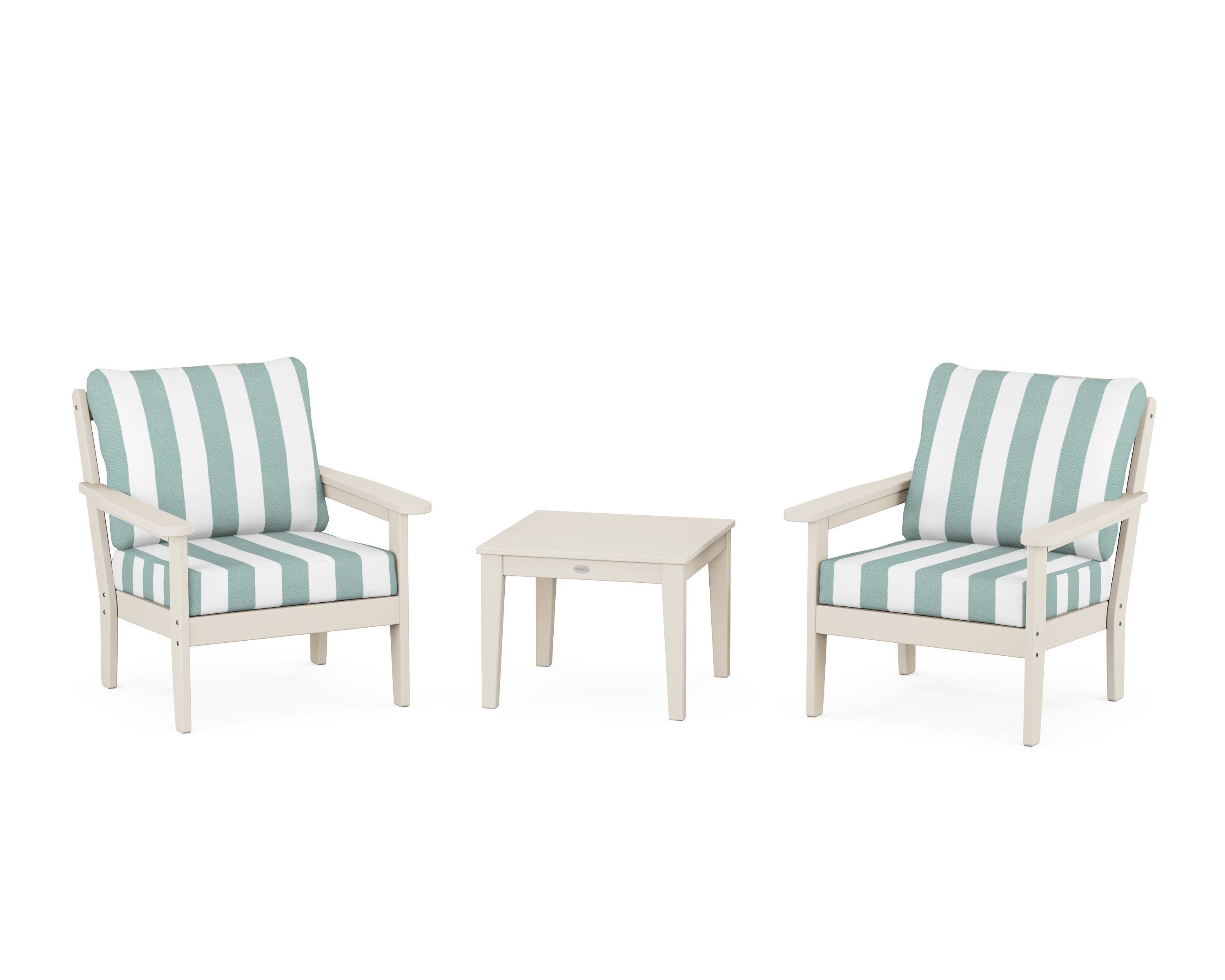 Country Living Cottage 3-Piece Deep Seating Set in Sand / Cabana Stripe Glacier Spa
