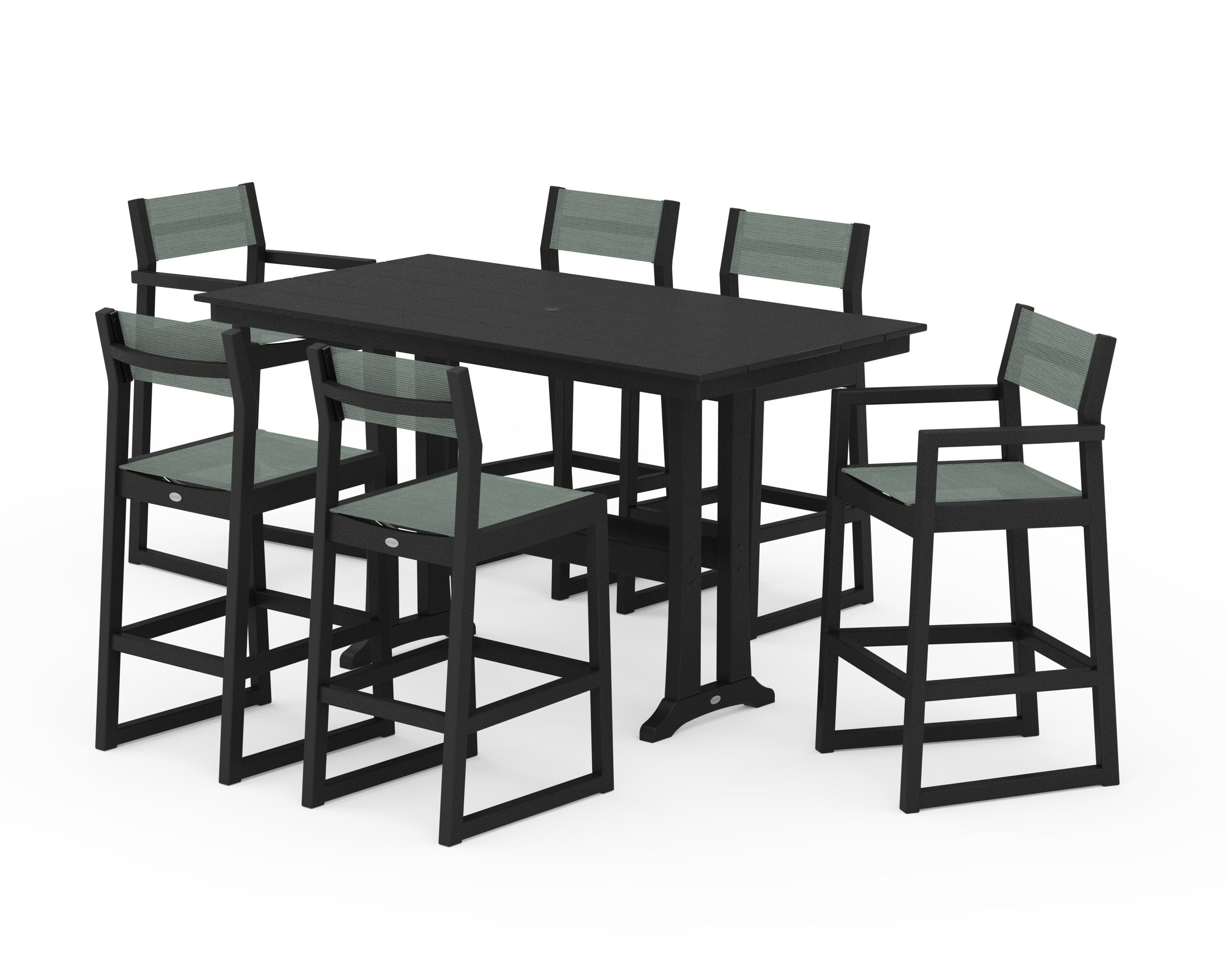 POLYWOOD® EDGE Sling 7-Piece Farmhouse Bar Set with Trestle Legs in Black / Dupioni Sea Mist Sling