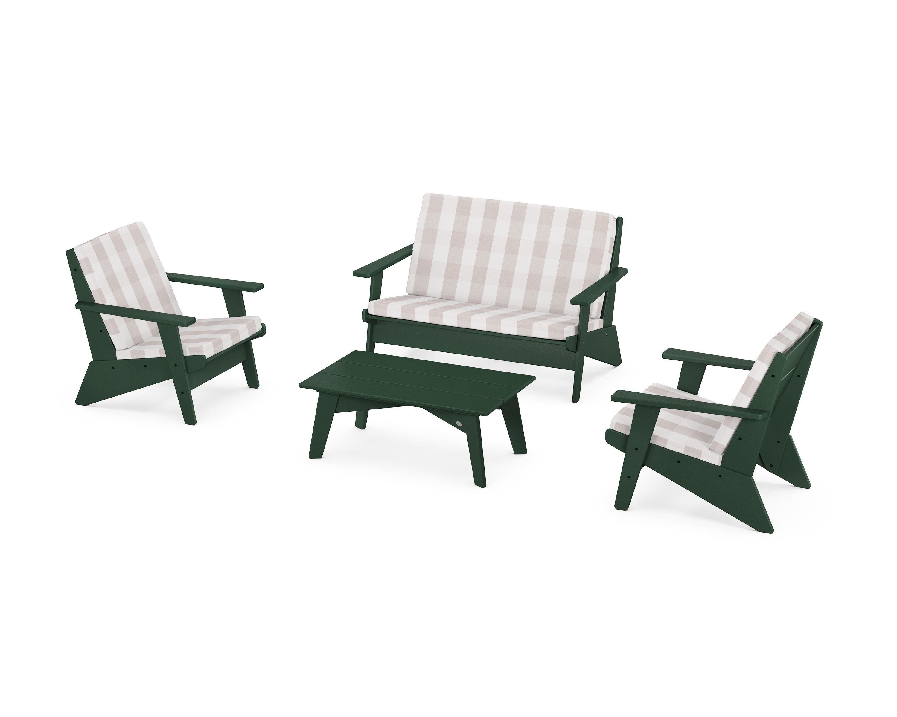 POLYWOOD® Riviera Modern Lounge 4-Piece Set in Green / Buffalo Plaid Dune Burlap