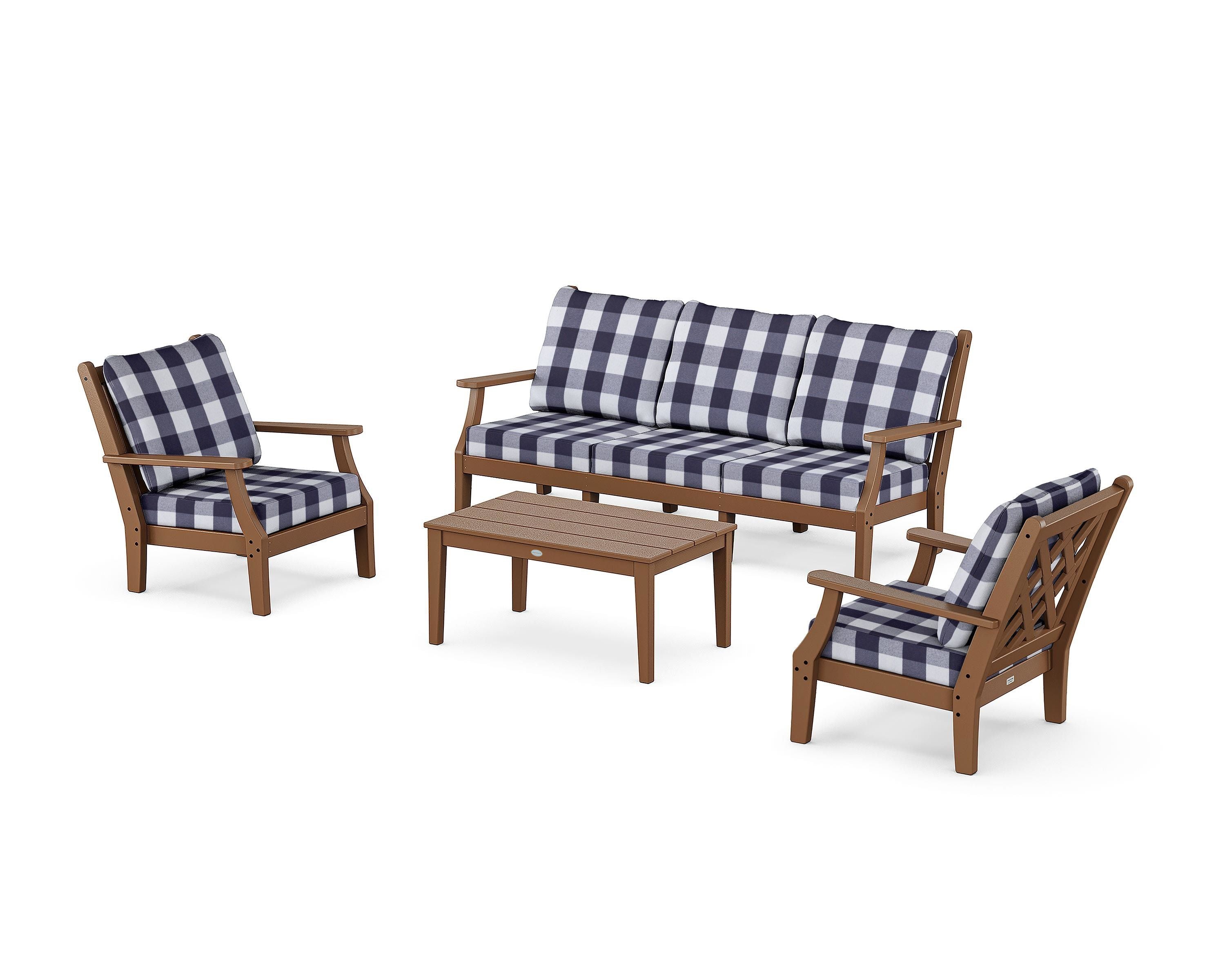Country Living Wovendale 4-Piece Deep Seating Set with Sofa in Teak / Buffalo Plaid Navy