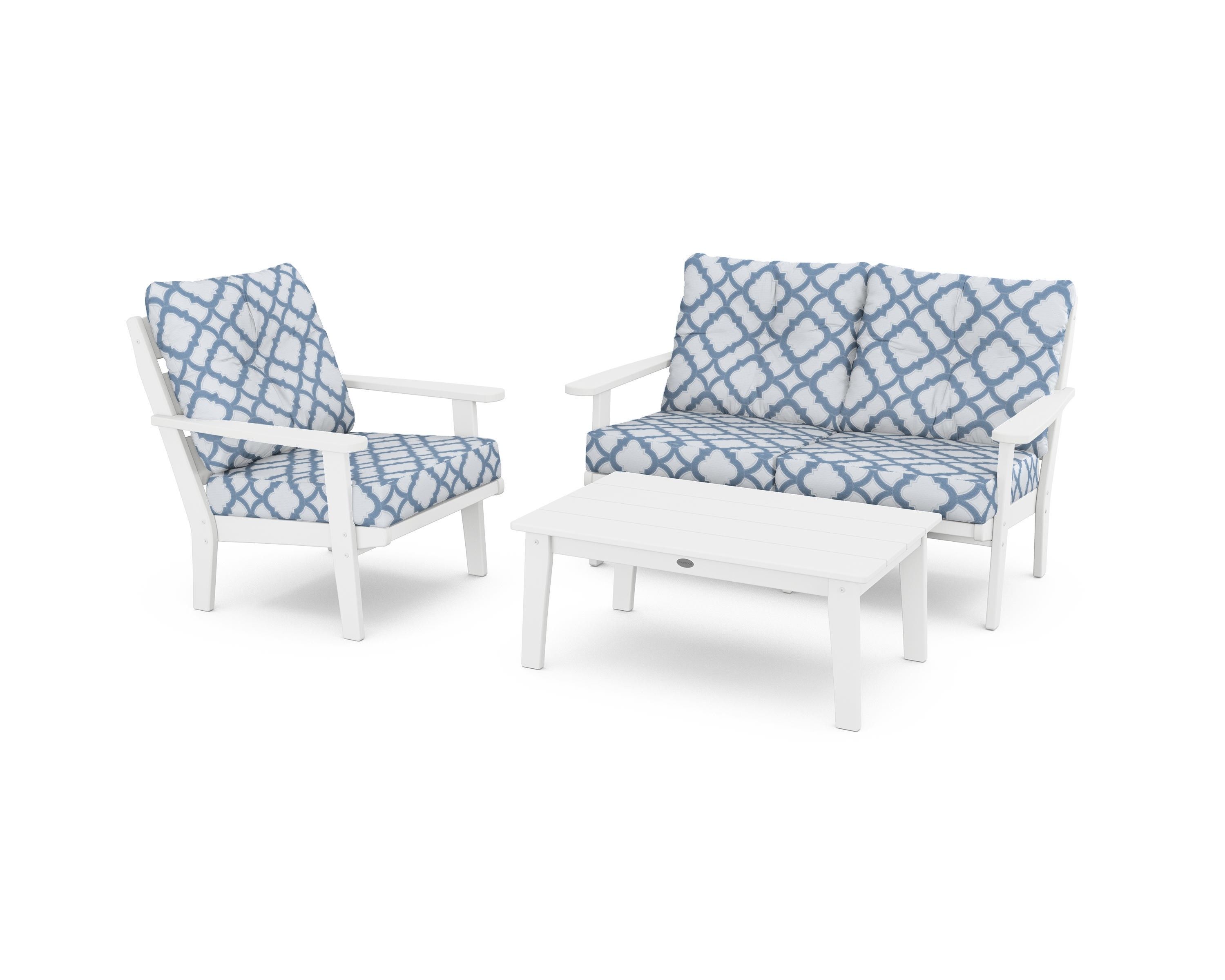 POLYWOOD® Lakeside 3-Piece Deep Seating Set in White / Trellis Sky Blue