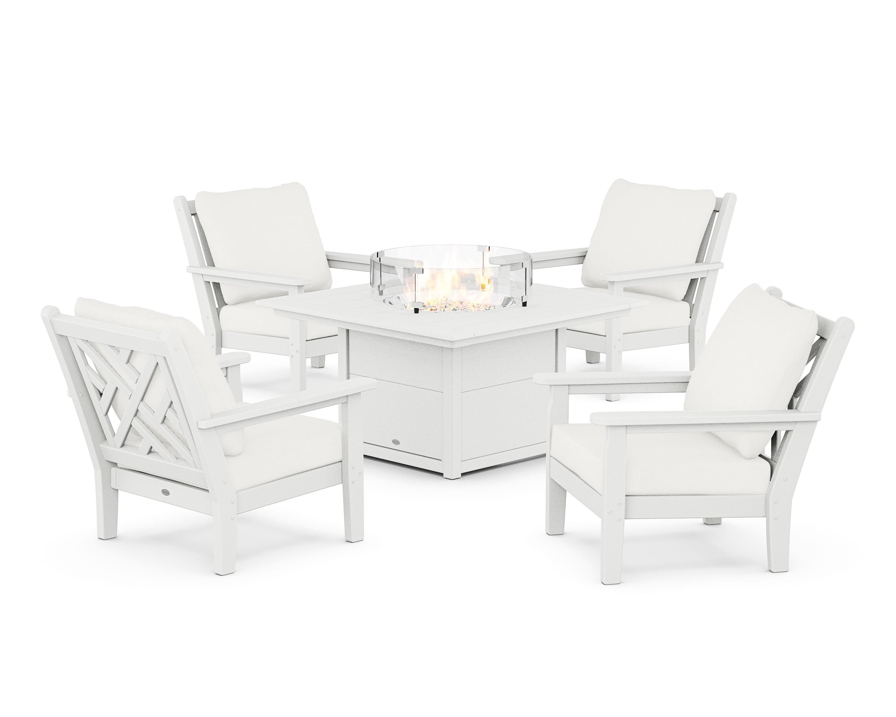 POLYWOOD® Chippendale 5-Piece Deep Seating Set with Fire Pit Table in White / Natural Linen