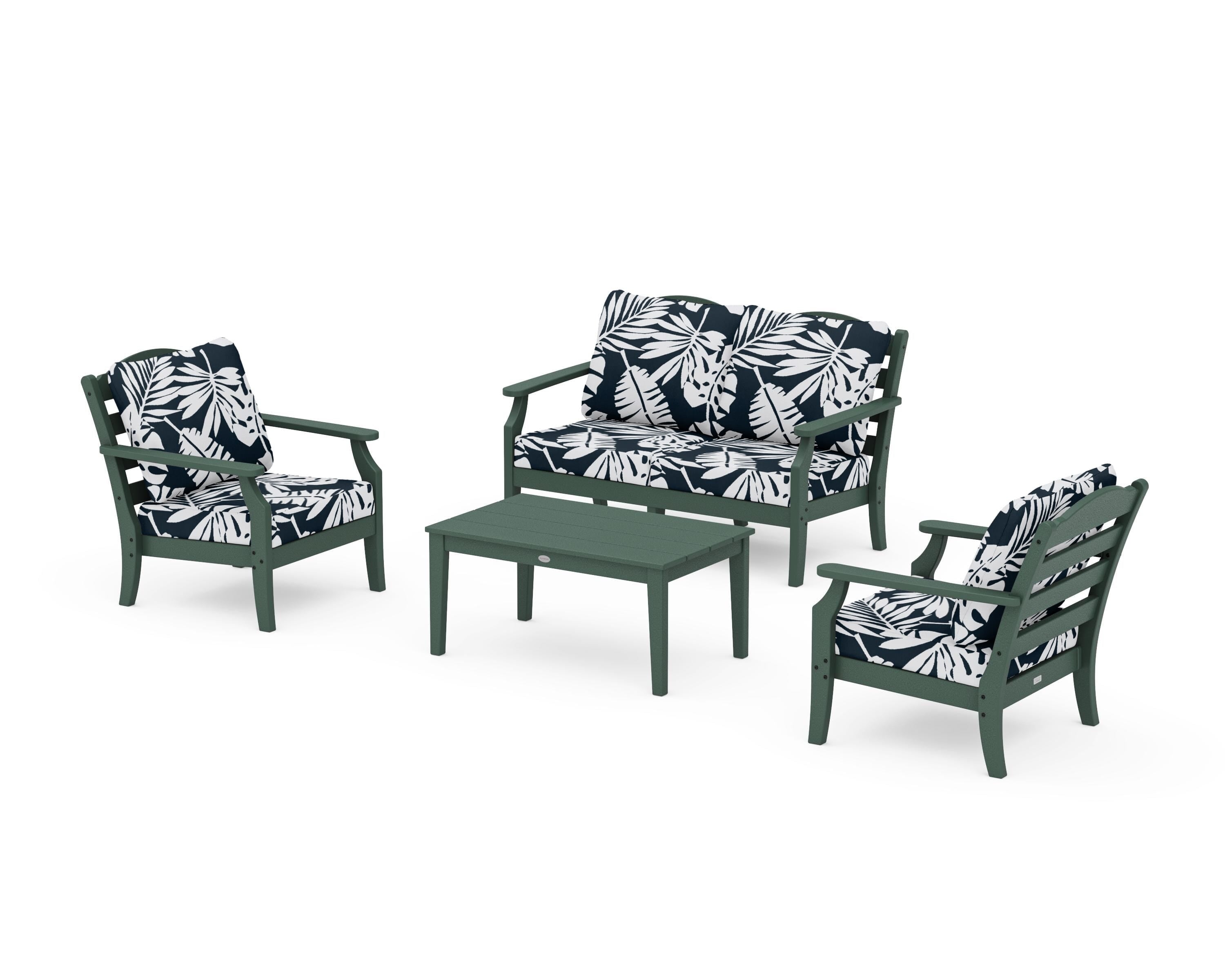 Draper James™ by POLYWOOD® Savannah 4-Piece Deep Seating Set with Loveseat in Green / Leaf Marine Indigo
