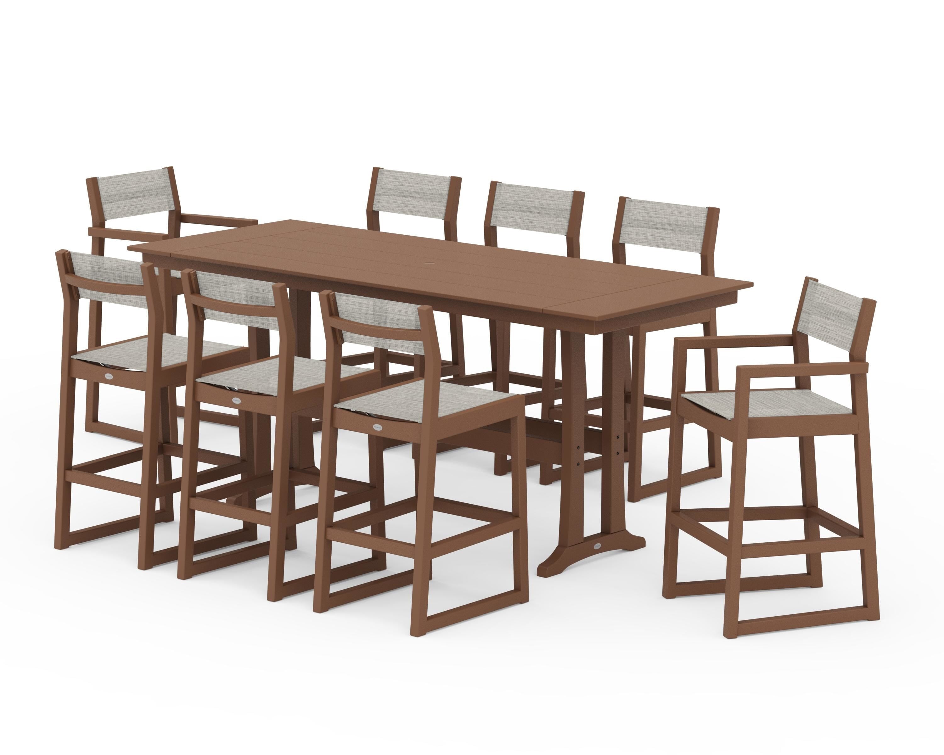POLYWOOD® EDGE Sling 9-Piece Farmhouse Bar Set with Trestle Legs in Teak / Birch Sling