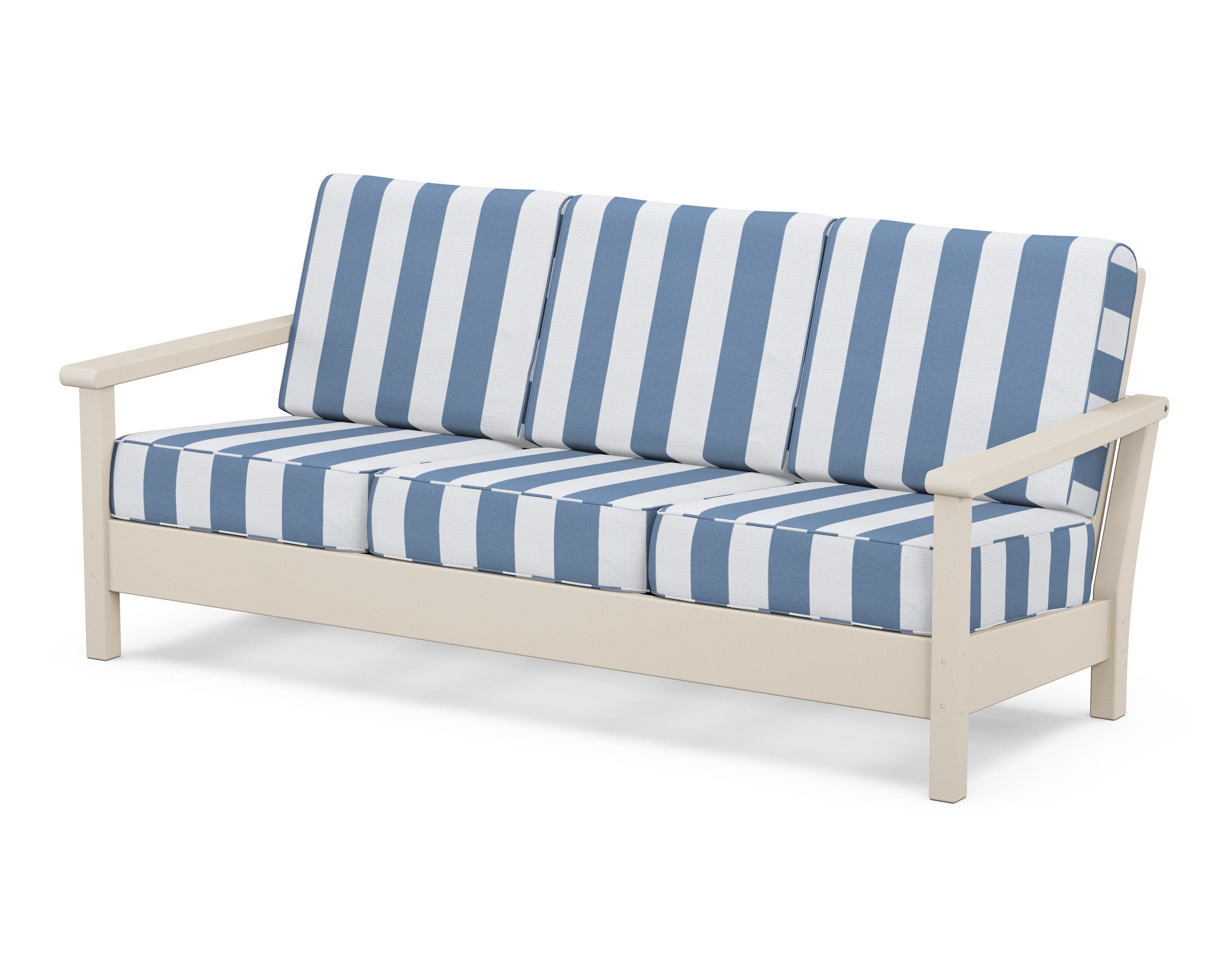 POLYWOOD® Harbour Deep Seating Sofa in Sand / Cabana Stripe Sky Blue