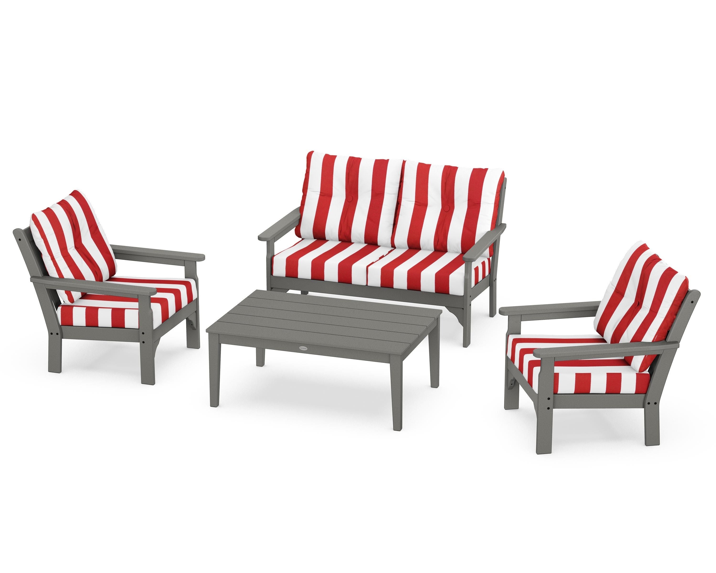 POLYWOOD® Vineyard 4-Piece Deep Seating Set in Slate Grey / Cabana Stripe Crimson