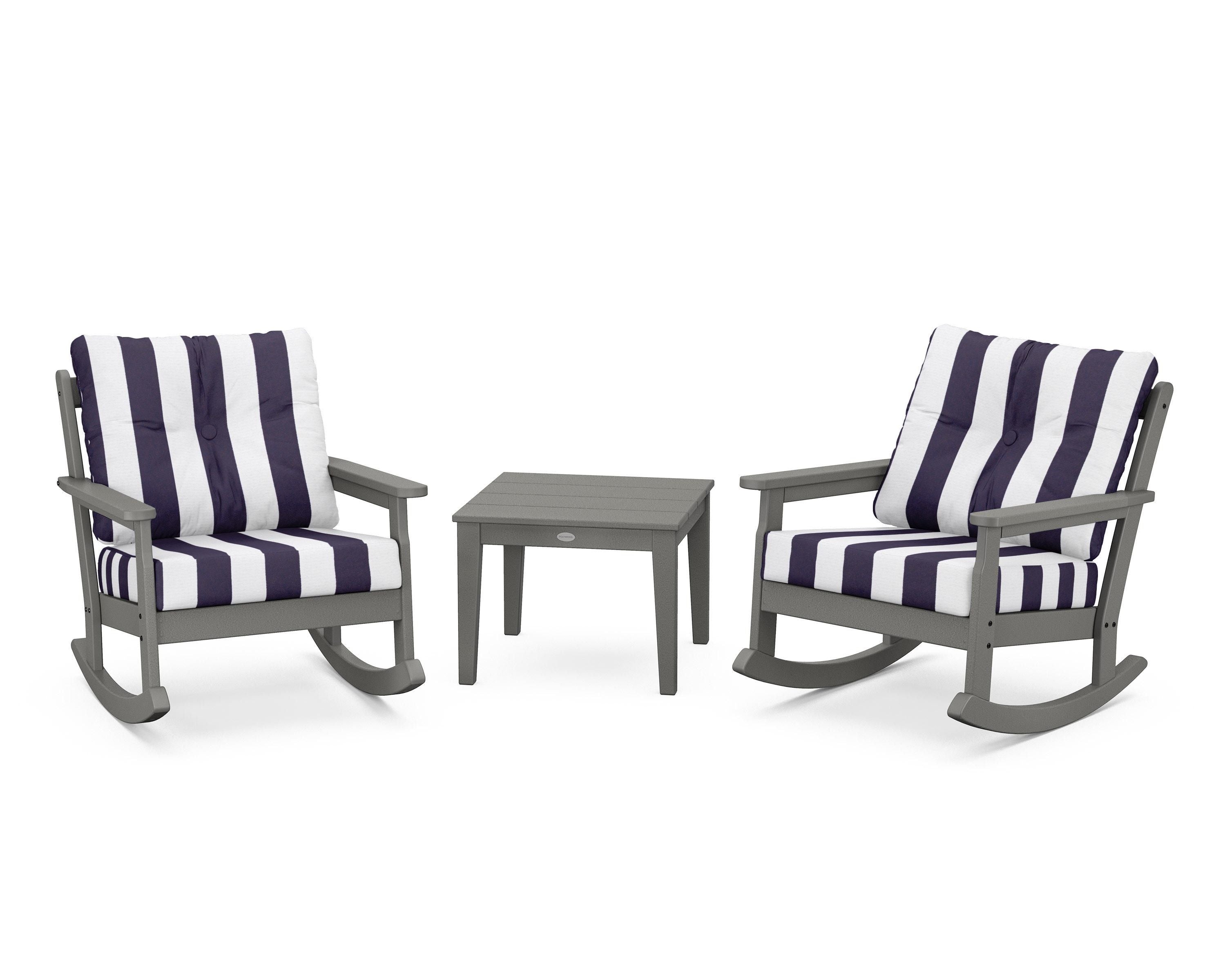 POLYWOOD® Vineyard 3-Piece Deep Seating Rocker Set in Slate Grey / Cabana Stripe Navy