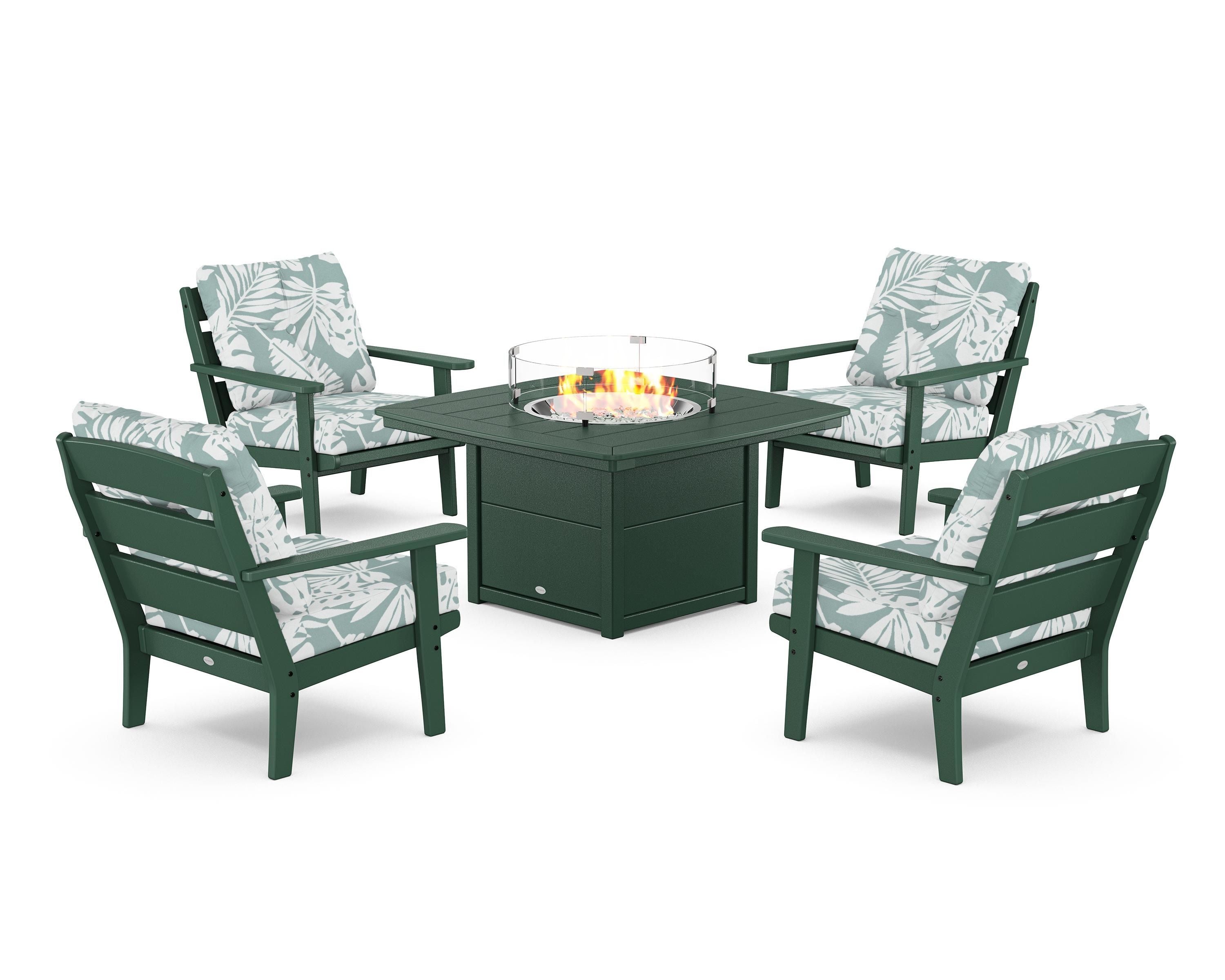 POLYWOOD® Lakeside 5-Piece Deep Seating Set with Nautical Fire Pit Table in Green / Leaf Glacier Spa