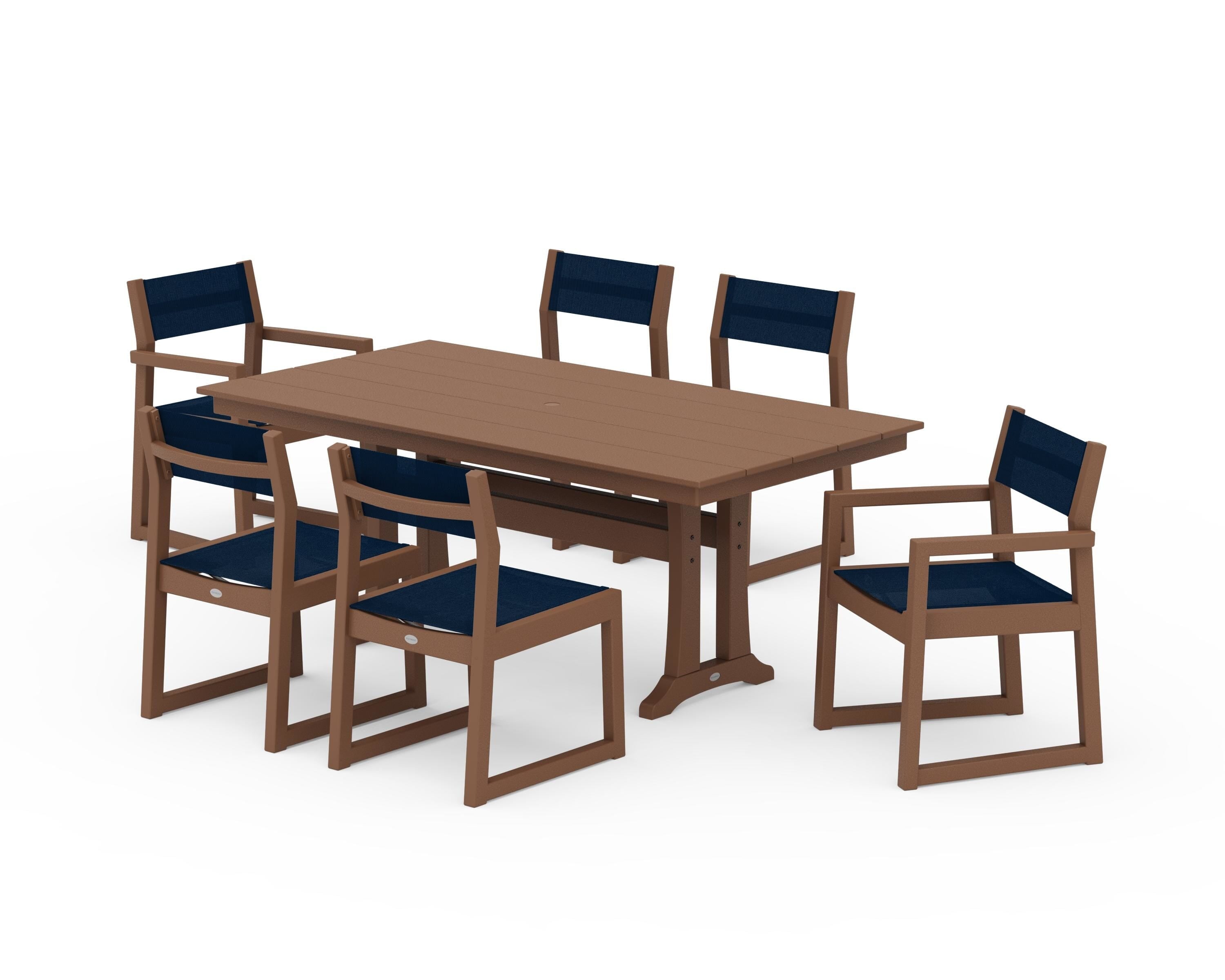 POLYWOOD® EDGE Sling 7-Piece Farmhouse Trestle Dining Set in Teak / Navy Blue Sling