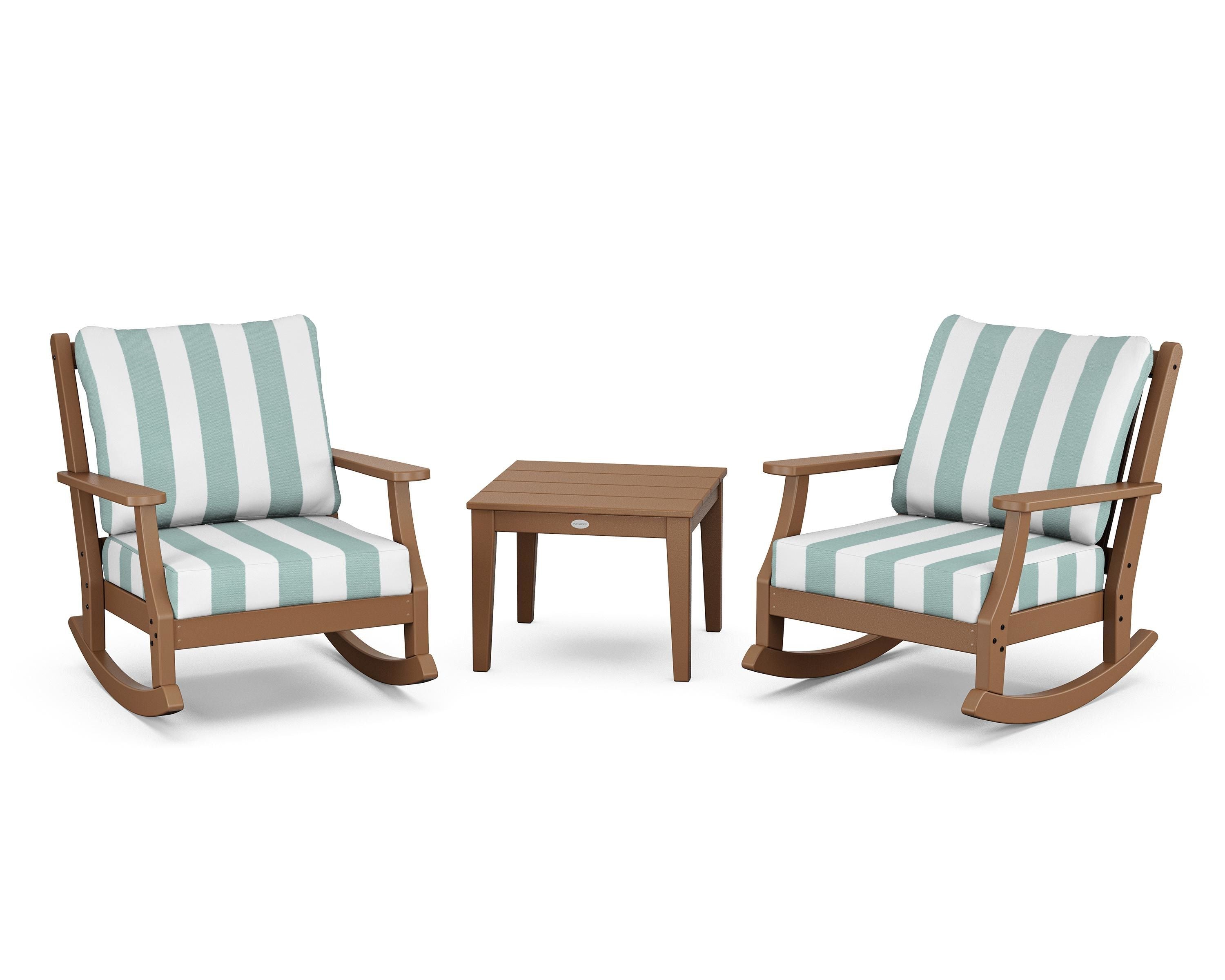 Country Living Wovendale 3-Piece Deep Seating Rocker Set in Teak / Cabana Stripe Glacier Spa
