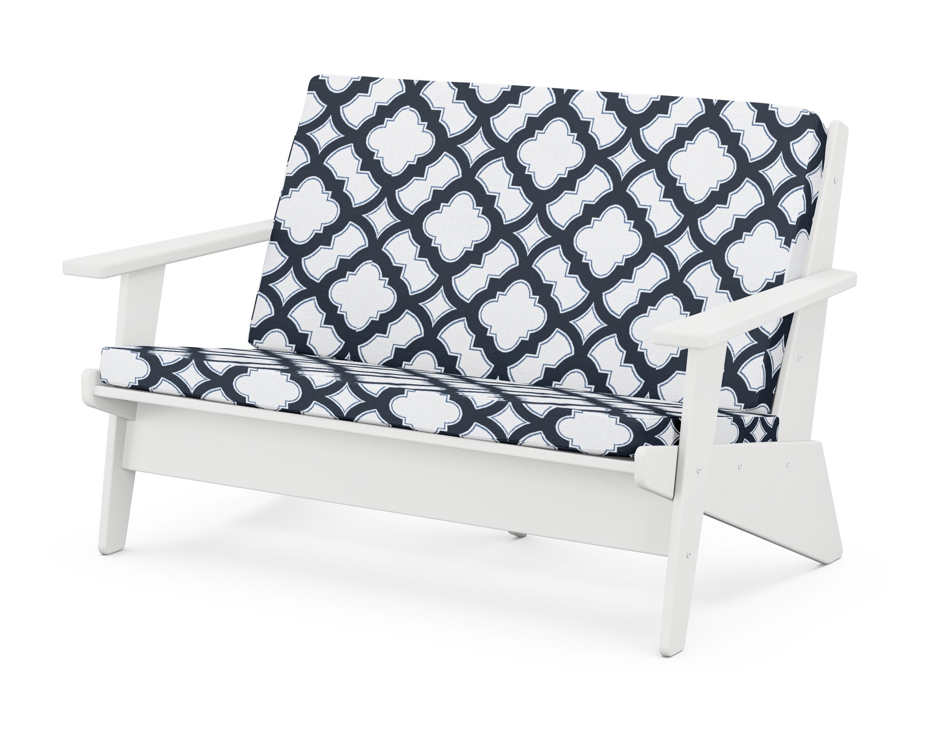 POLYWOOD® Riviera Modern Lounge Loveseat in White / Trellis Marine Indigo