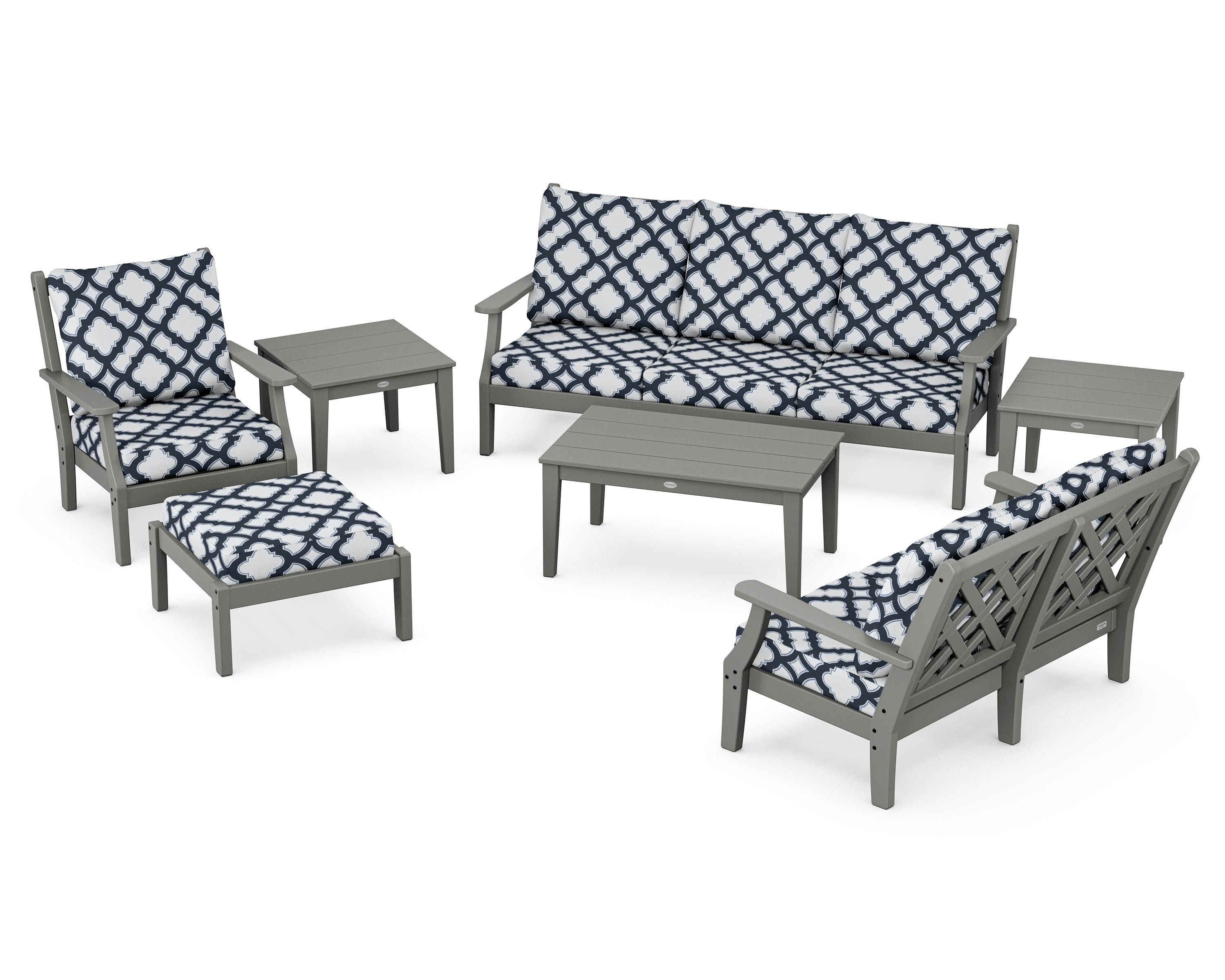 Country Living Wovendale 7-Piece Deep Seating Set in Slate Grey / Trellis Marine Indigo